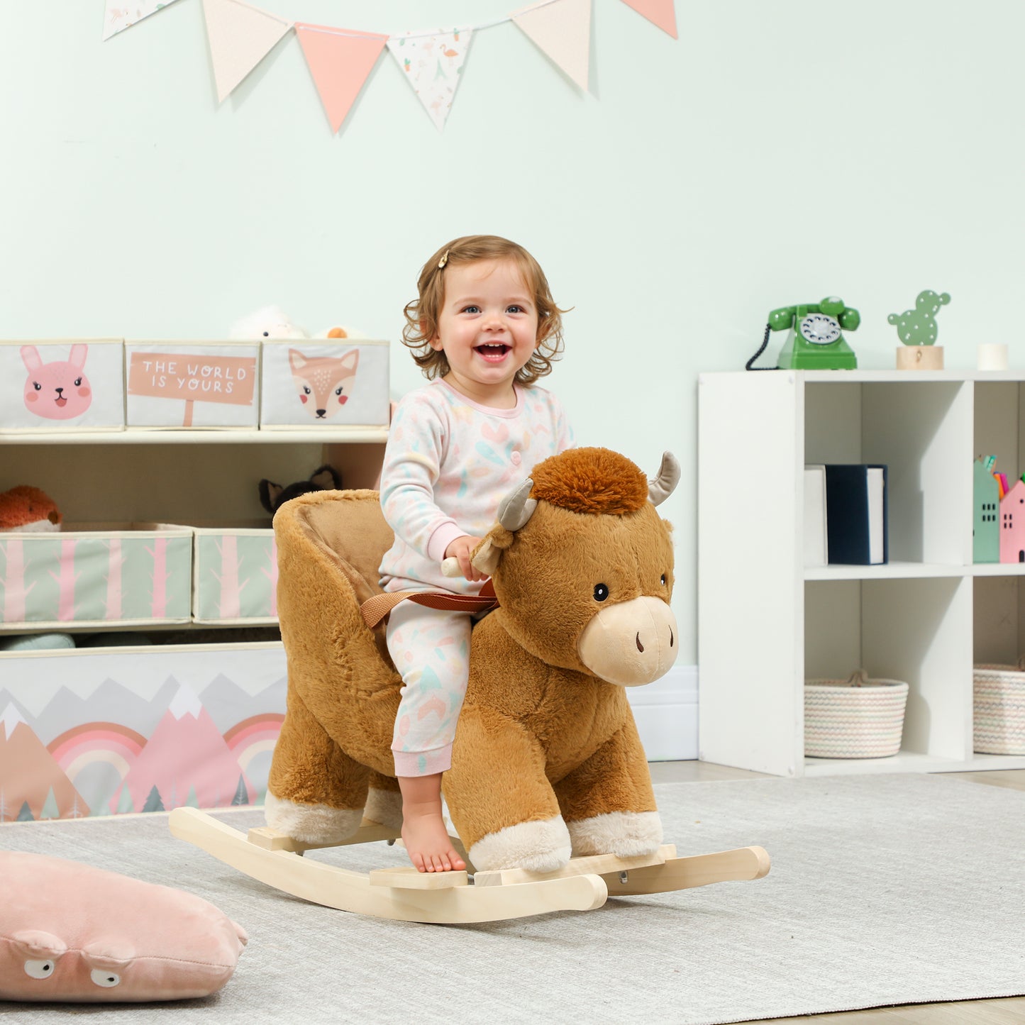 Baby Rocking Horse with Safety Belt, Wood Base