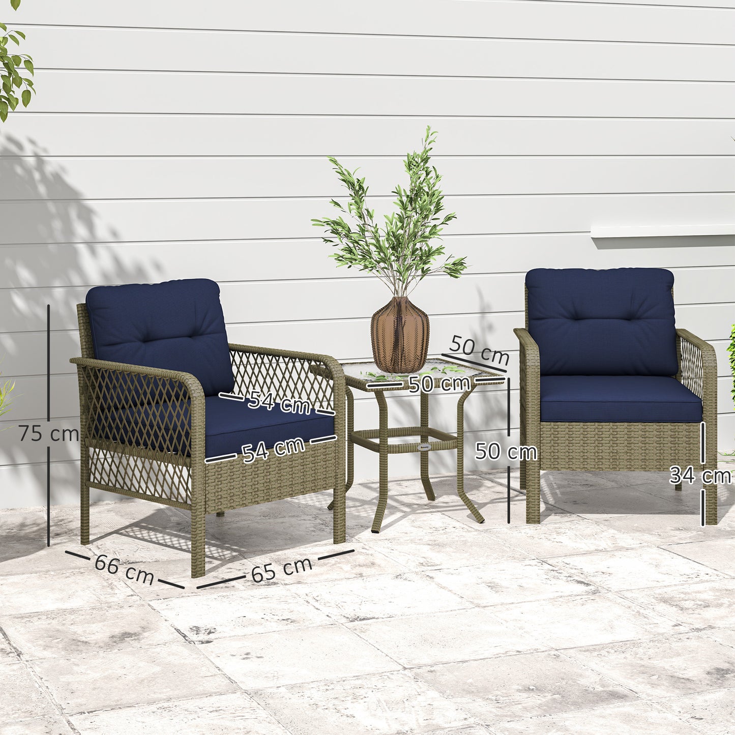 3 Pieces Rattan Bistro Set with Glass Top Coffee Table