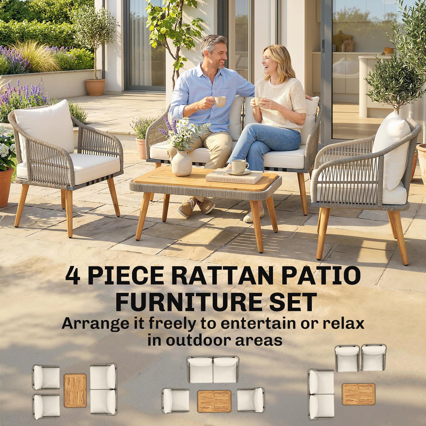 4 Piece Rattan Garden Furniture Set with Loveseat, Armchairs