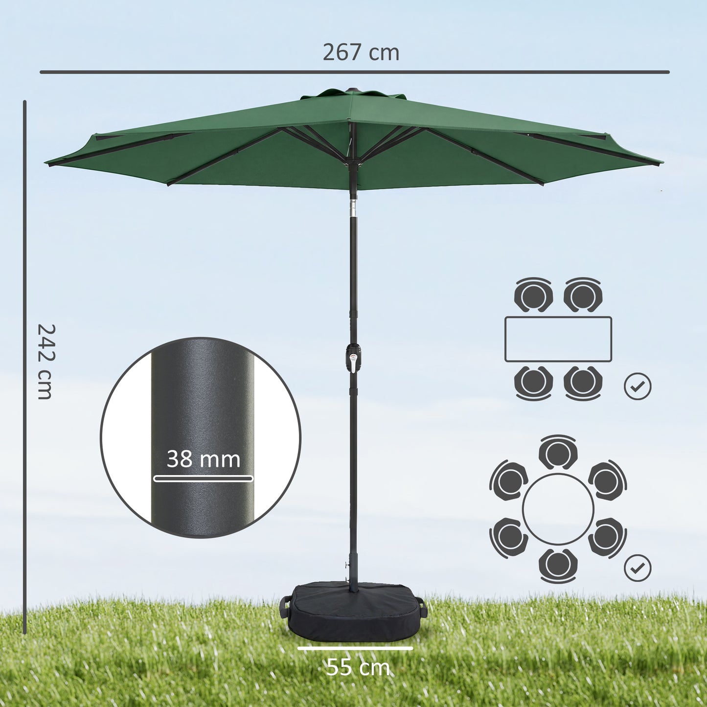 2.7 m Garden Parasol Umbrella with Cross Base and Sandbag