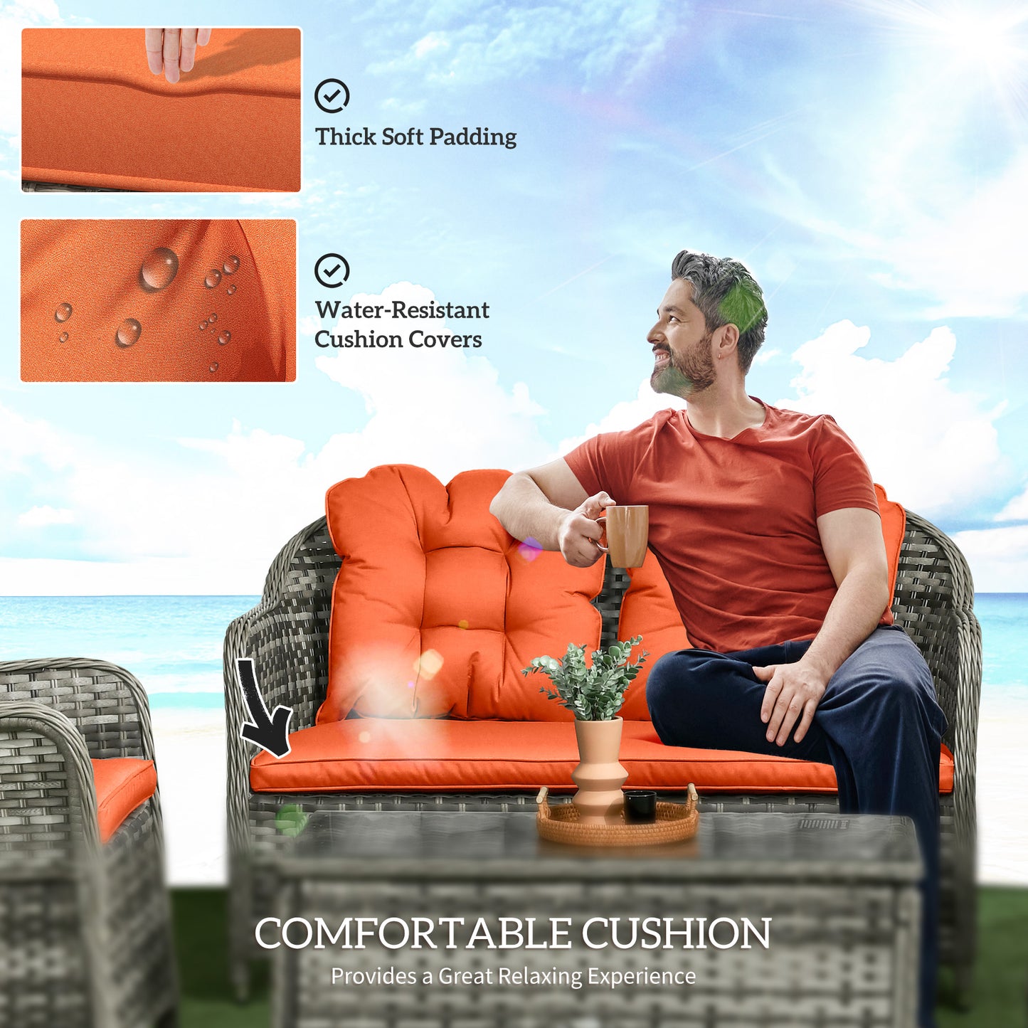 Four-Piece Rattan Sofa Set, with Glass-Top Table