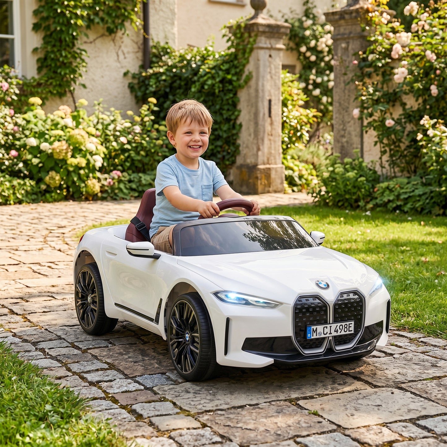 BMW i4 Licensed 12V Kids Electric Ride-On Car, White, Red and
