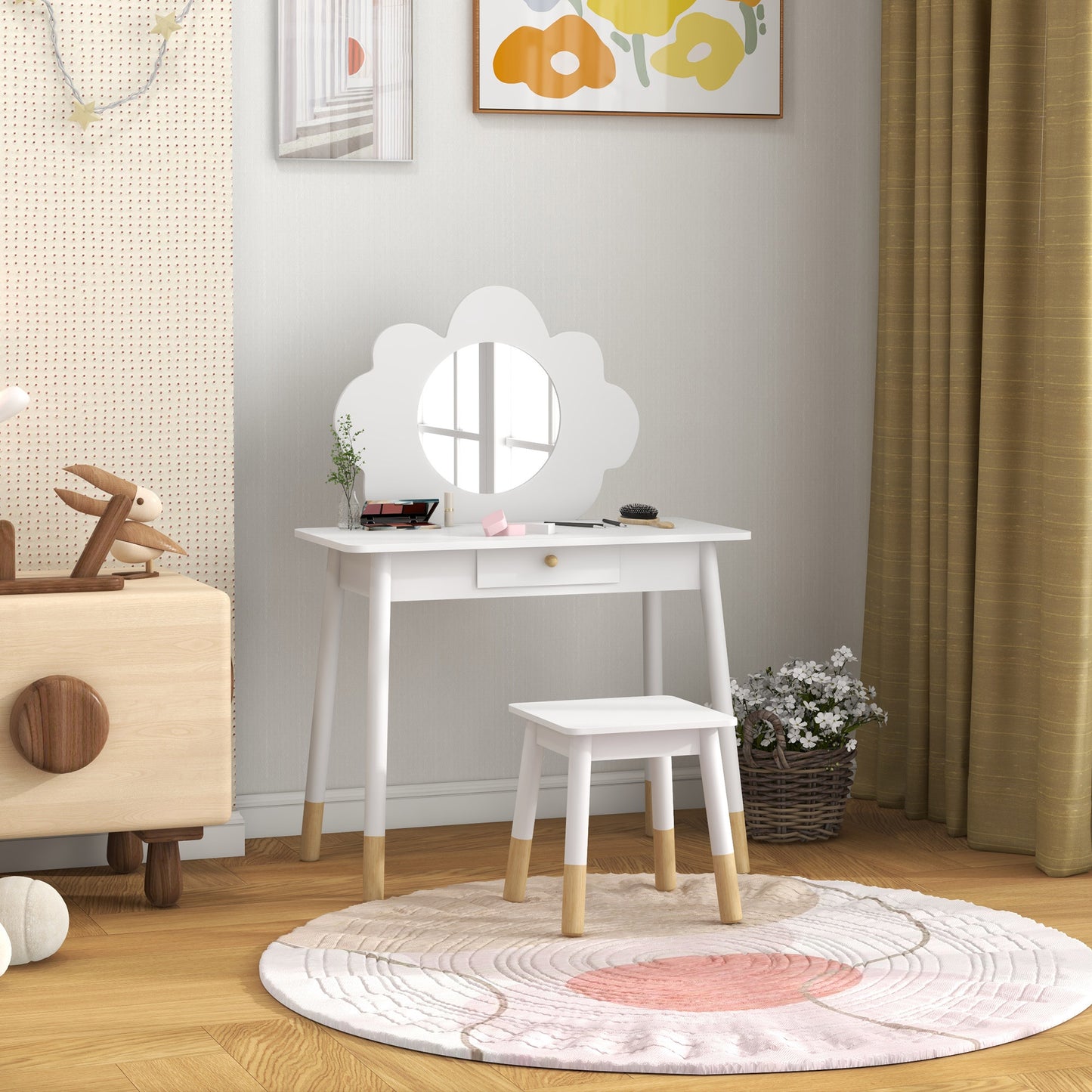Kids Dressing Table with Mirror, Stool, Drawer, Cloud Design