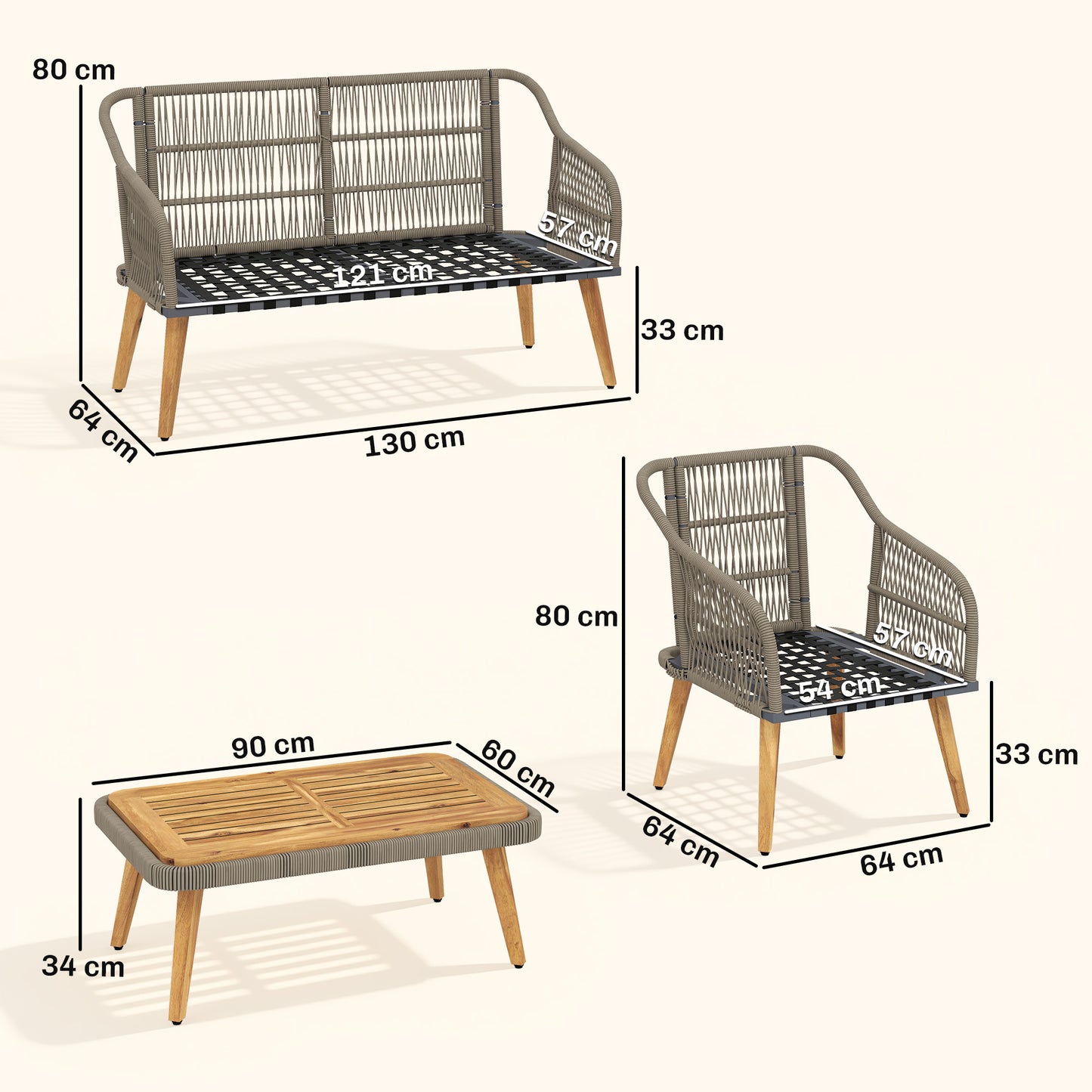 4 Piece Rattan Garden Furniture Set with Loveseat, Armchairs