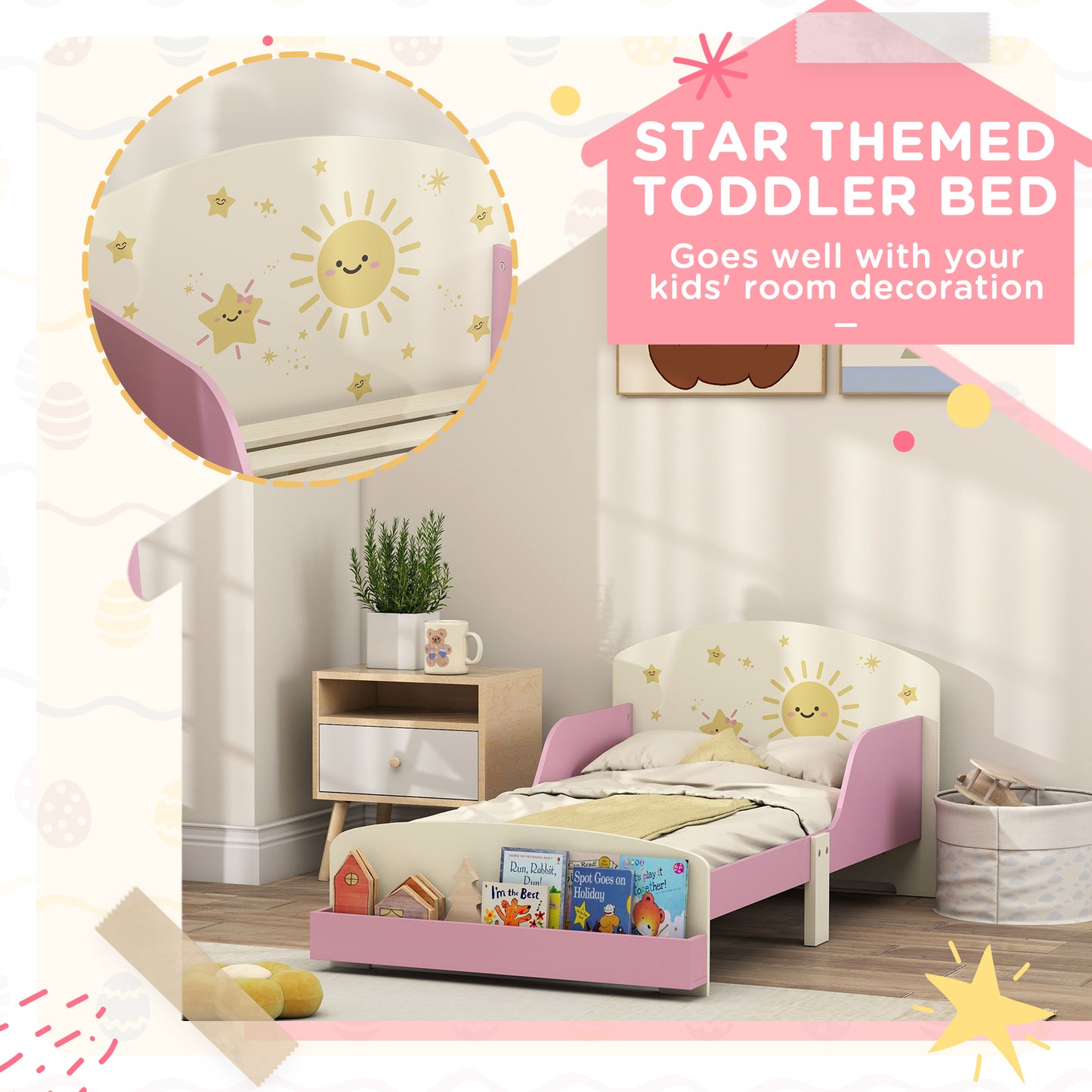 Toddler Bed with Storage, Guardrails, Sun Design, for Ages 3-8 Years