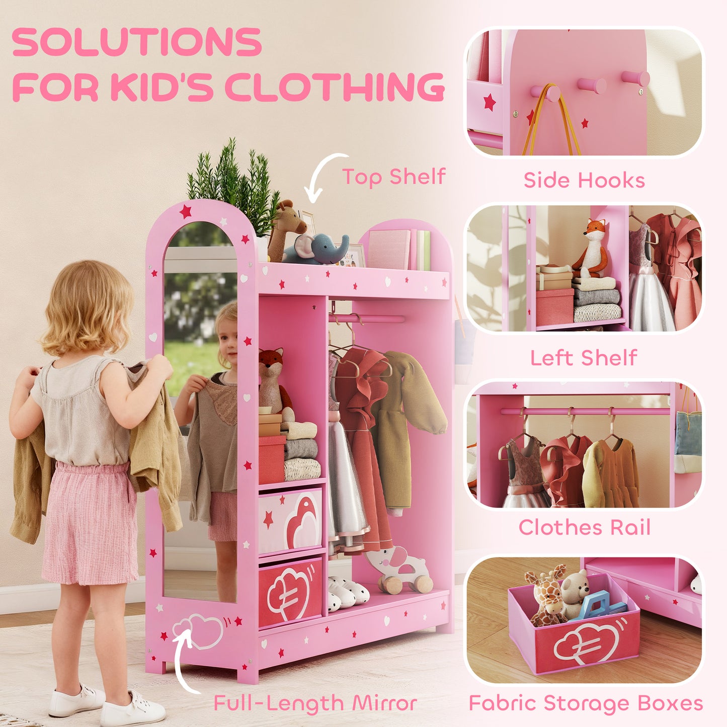 Kids Clothes Rail, Kids Wardrobe with Mirror, Shelves