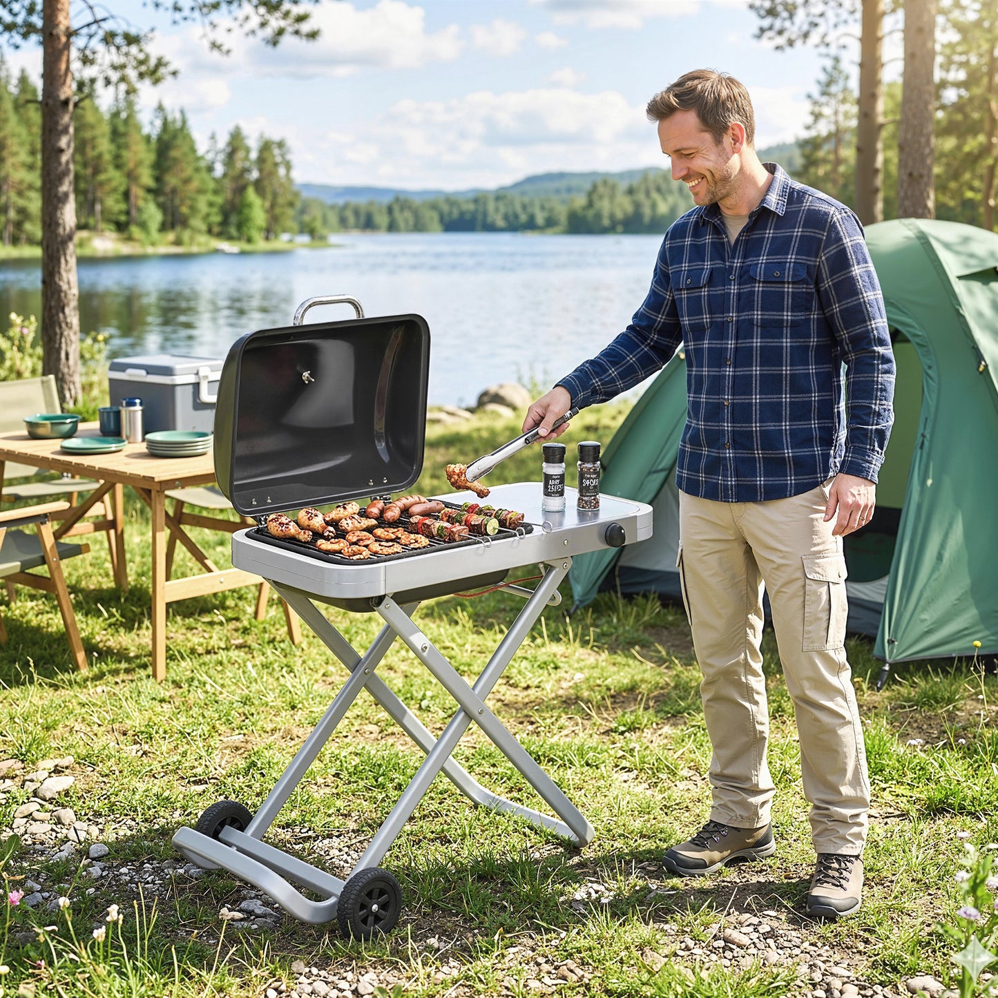 Foldable Gas BBQ Grill with Side Table