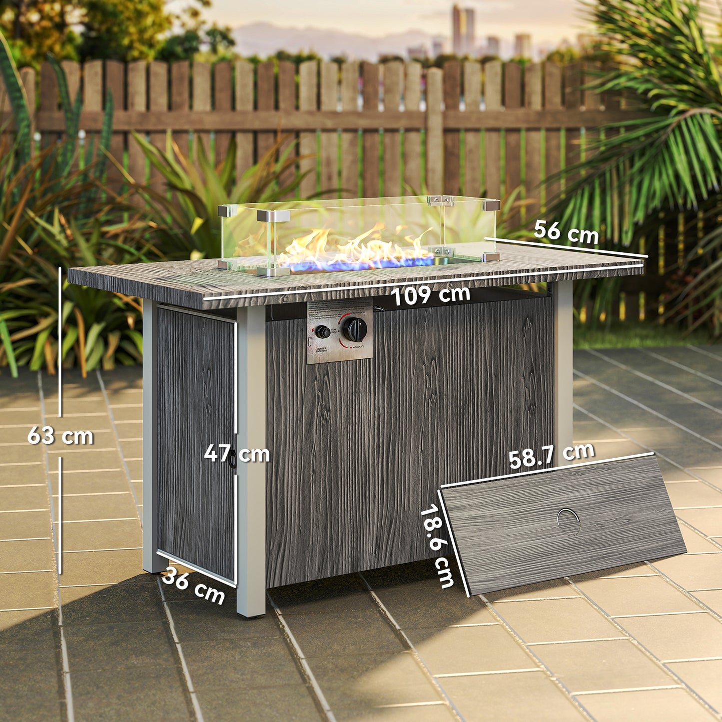 50,000 BTU Gas Fire Pit Table with Cover and Glass Screen