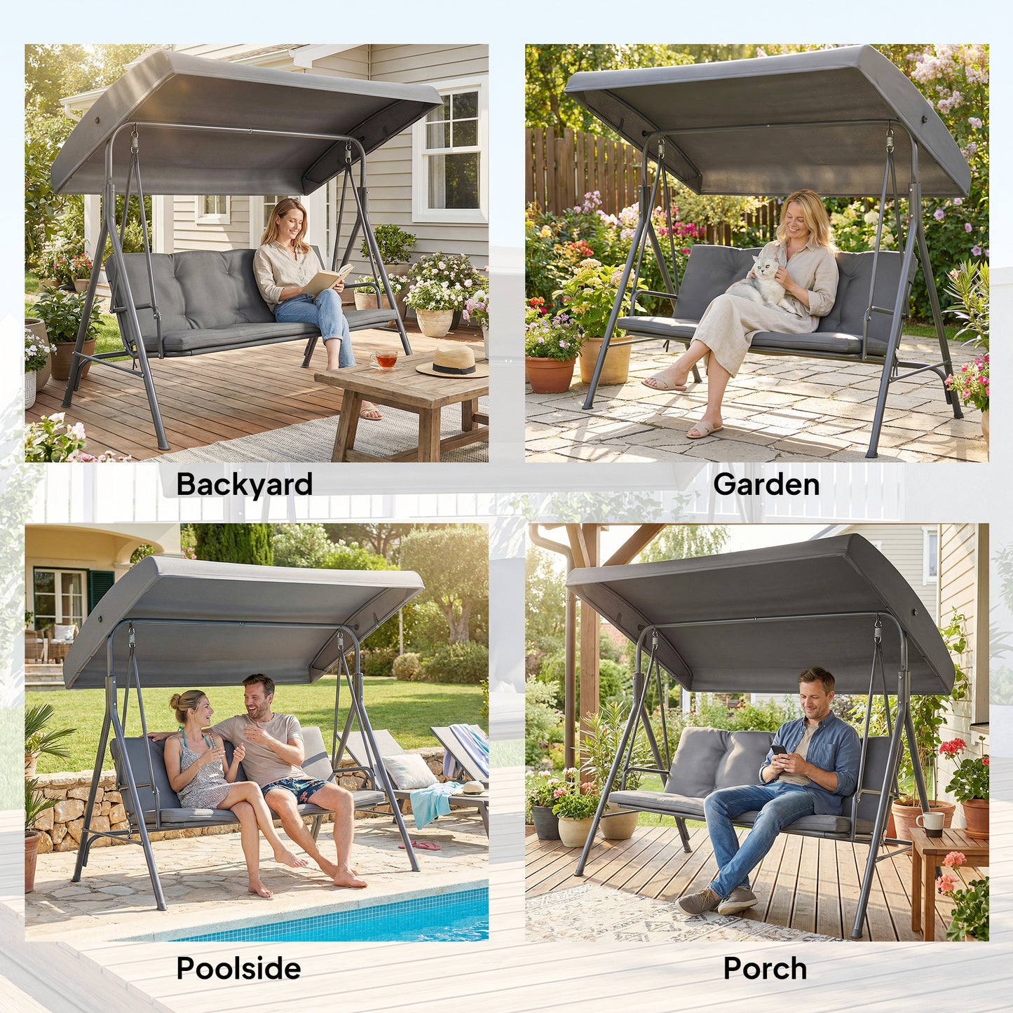 3 Seater Garden Swing Chair, Patio Rocking Bench with Tilting Canopy