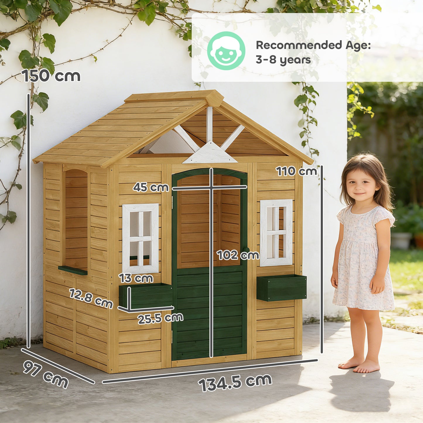 Outdoor Kids Playhouse, Wooden Wendy House with Door, 3 Windows