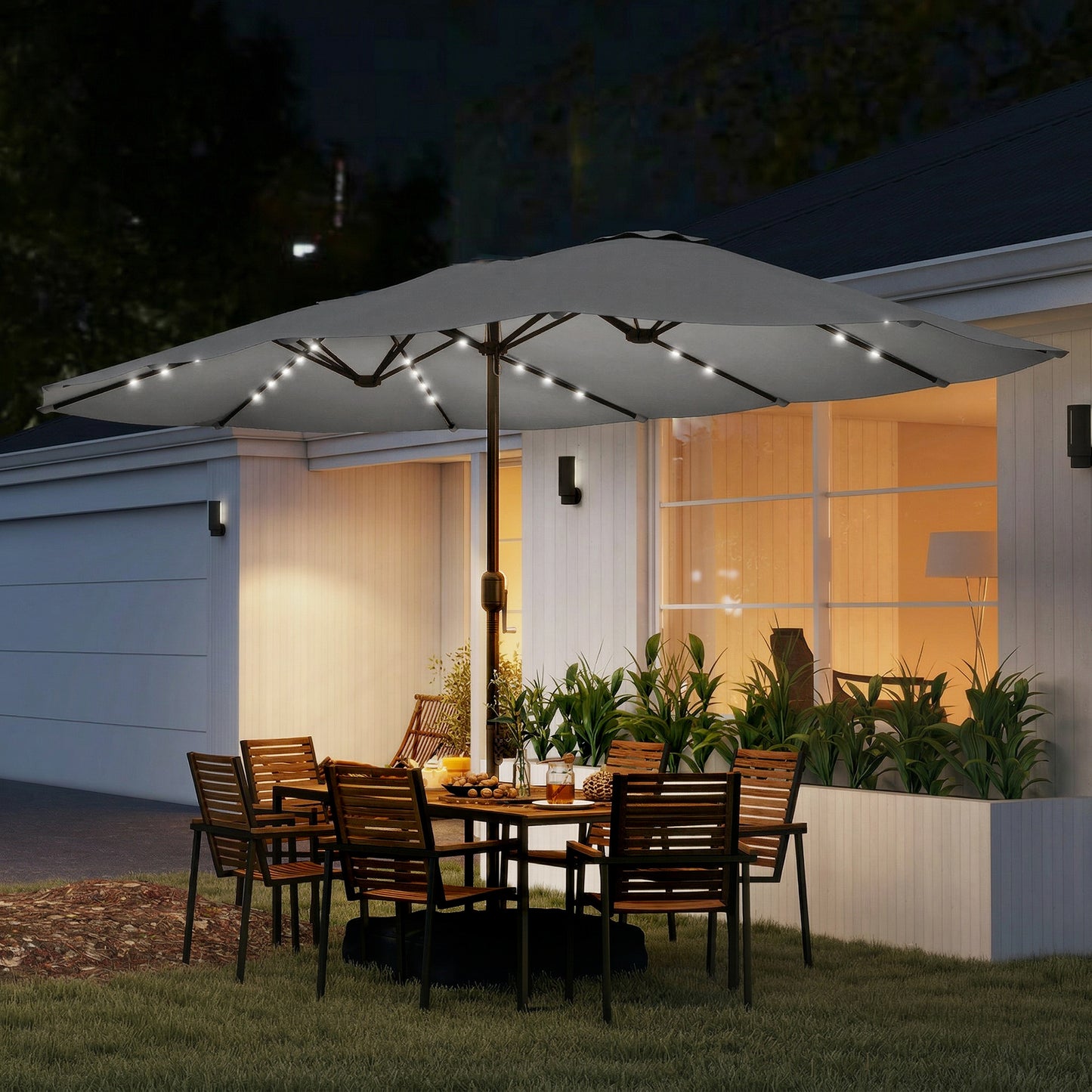Patio Umbrella Double-Sided Outdoor Umbrella with Solar Lights Base