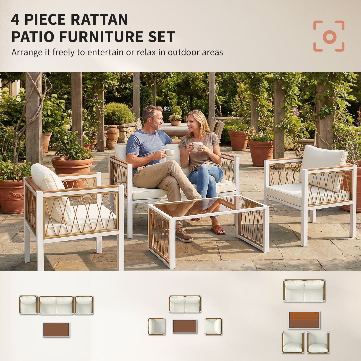 4 Piece Rattan Garden Furniture Set with Loveseat, 2 Armchairs (1)