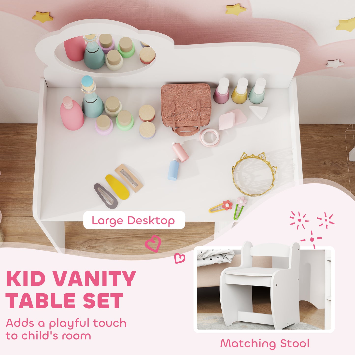 Kids Dressing Table with Mirror, Stool