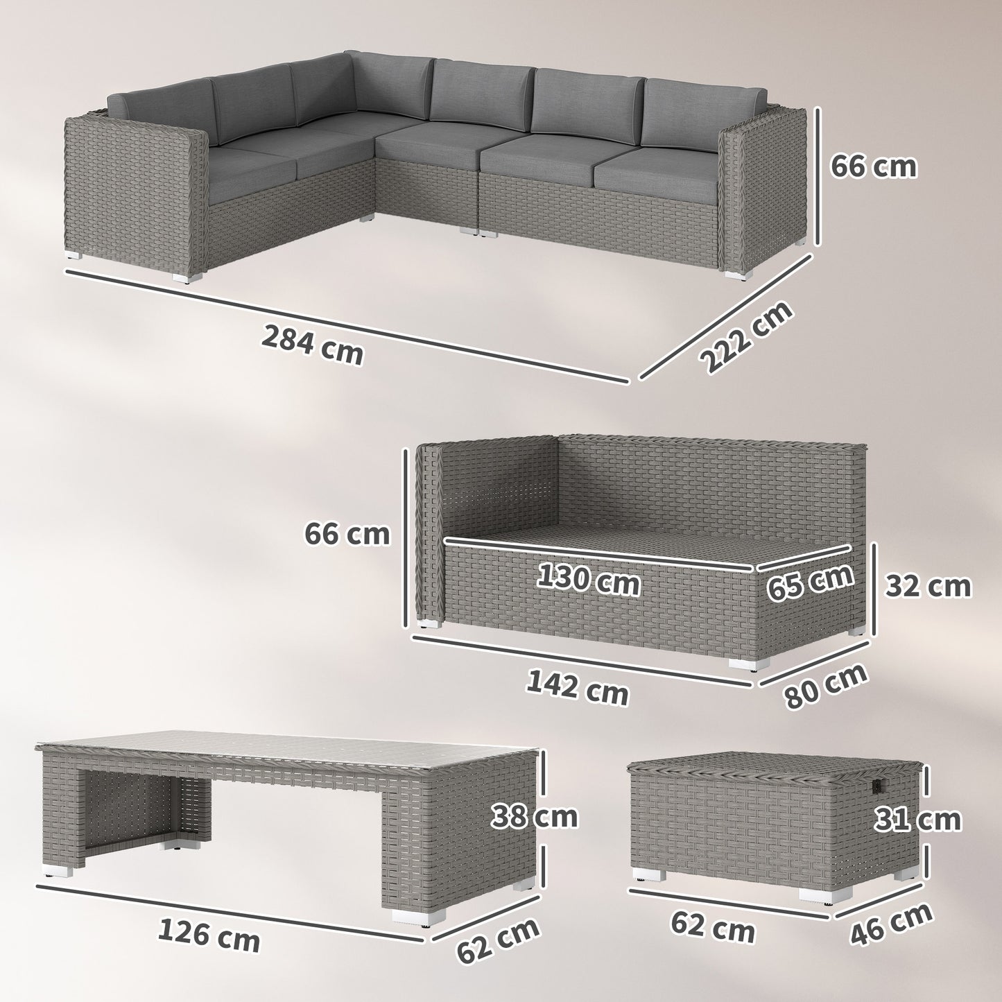 6 Pieces Outdoor PE Rattan Wicker Corner Sofa Set