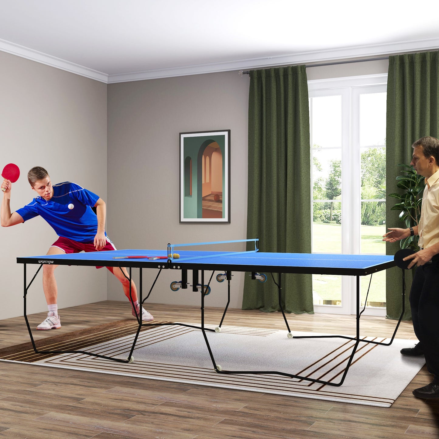 9FT Folding Tennis Table, with 8 Wheels, for Indoor Use