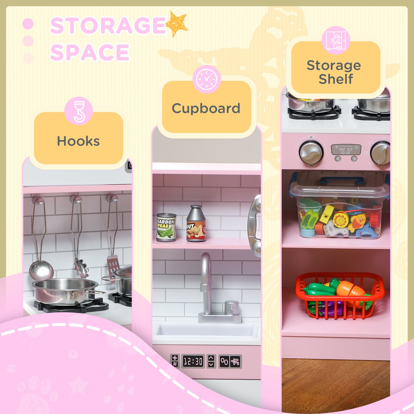 Pretend Play Kitchen, Kids Kitchen Playset w/ Toy Phone, Chalkboard