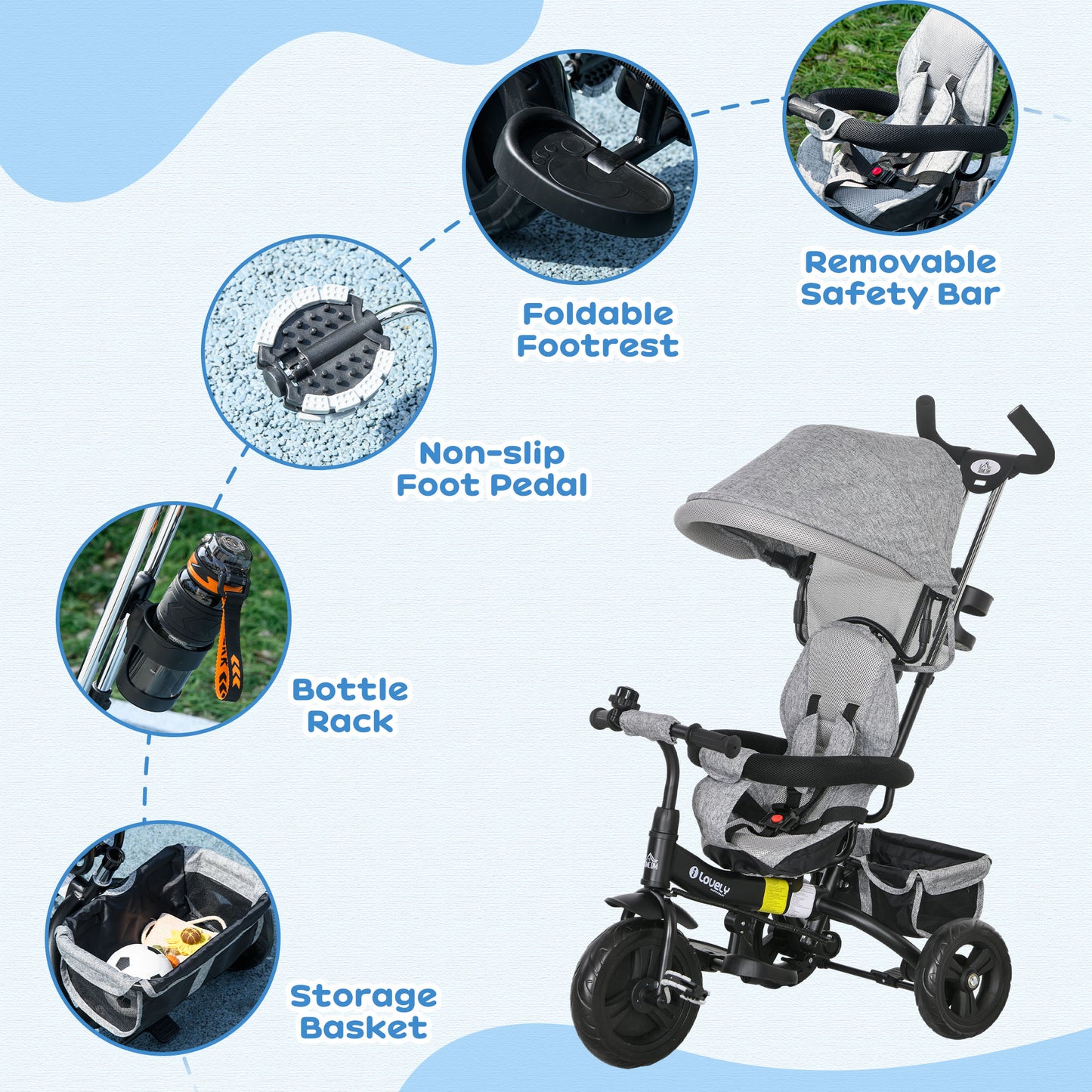 6 in 1 Kids Trike Push Bike w/ Push Handle, Canopy