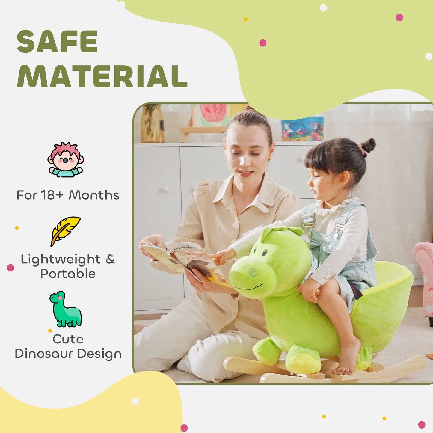 Kids Rocking Horse, Plush Ride-On Dinosaur Seat, with Seat Seat Belt