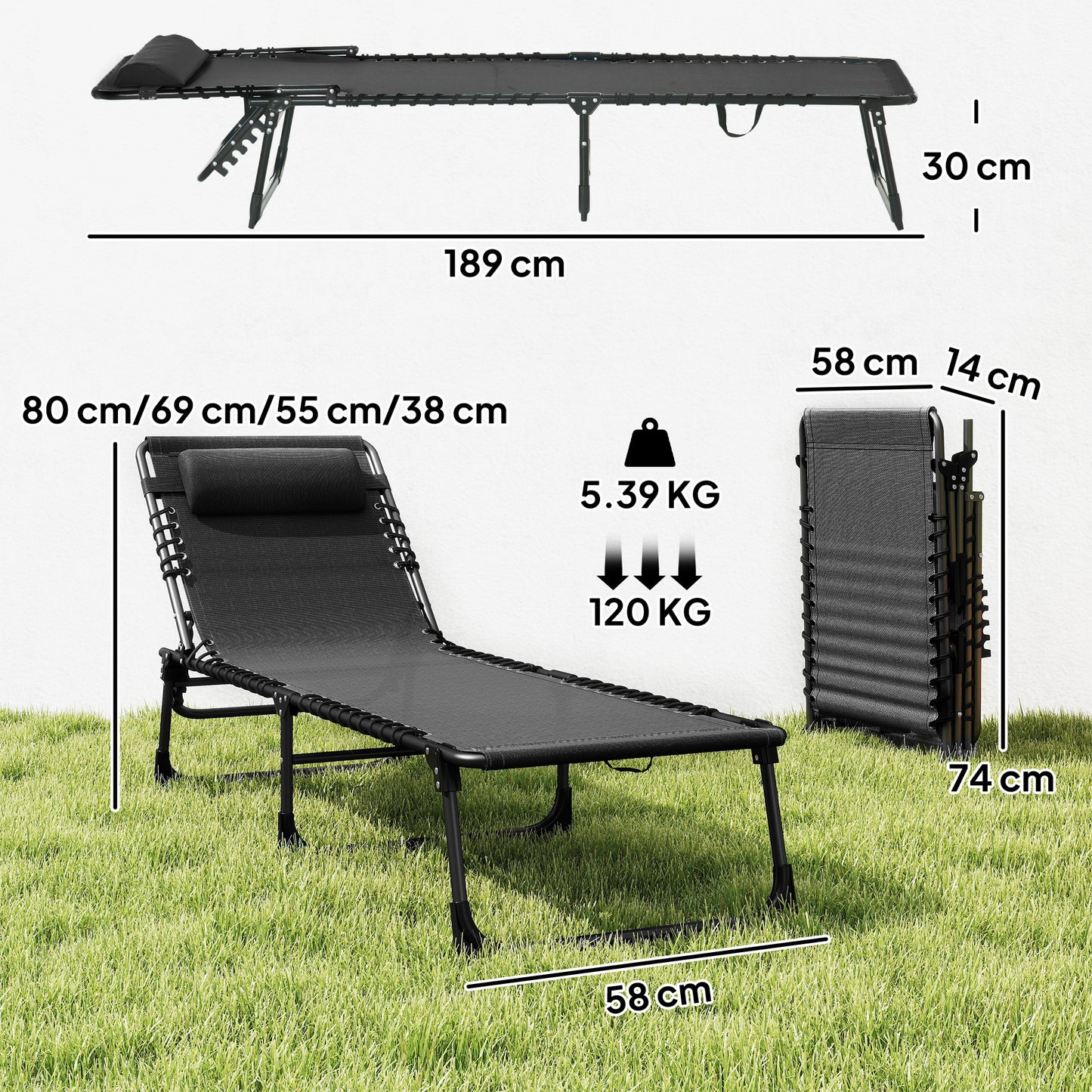 Foldable Sun Lounger, Outdoor 4 Level Adjustable Backrest Reclining