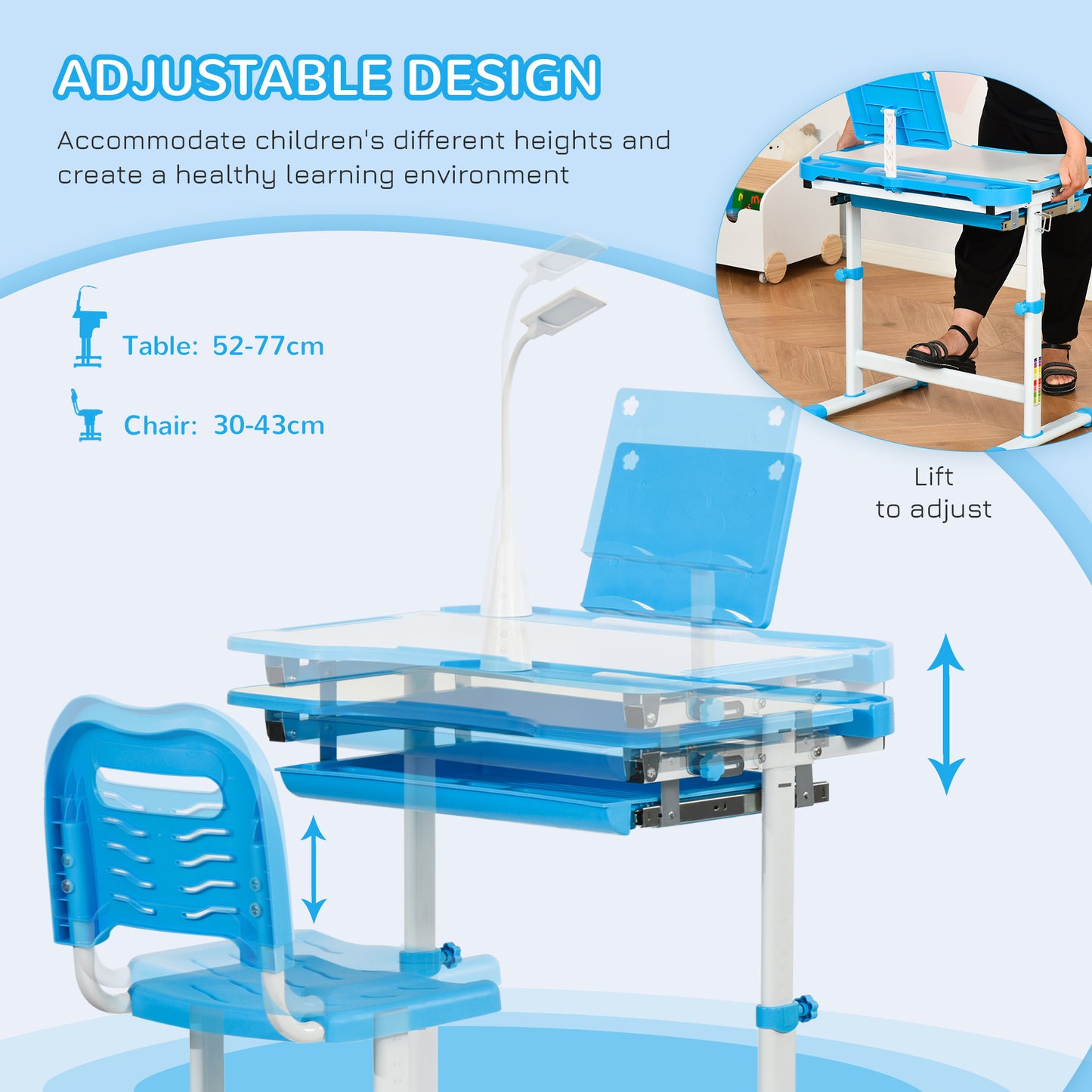 Kids Study Desk and Chair Set w/ Adjustable Height, Storage, Drawer