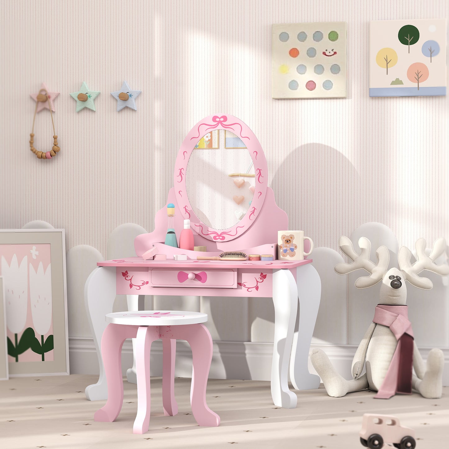 Kids Dressing Table Set, Vanity Table with Stool, Mirror, Drawer