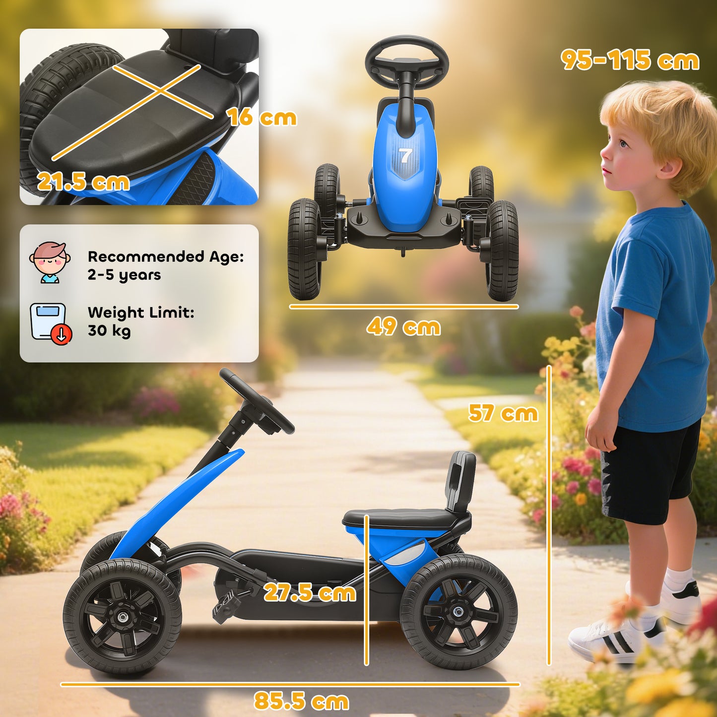 Pedal Go Kart for Kids 2-5 Years, with Silent EVA Wheels, Metal Frame