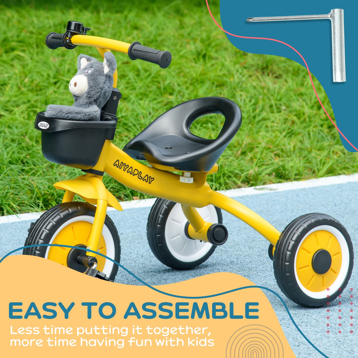 Kids Trike, Tricycle, with Adjustable Seat, Basket, Bell