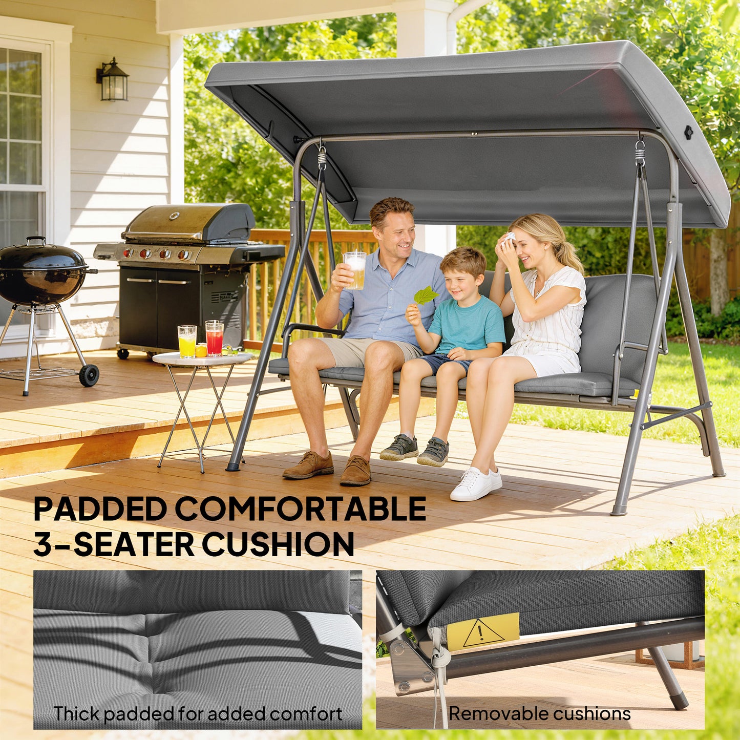 3 Seater Garden Swing Chair, Patio Rocking Bench with Tilting Canopy
