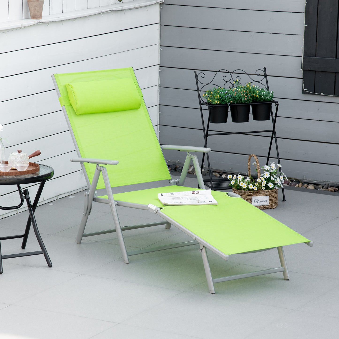 Folding Sun Lounger, Outdoor Chaise Lounge Recliner with Pillow