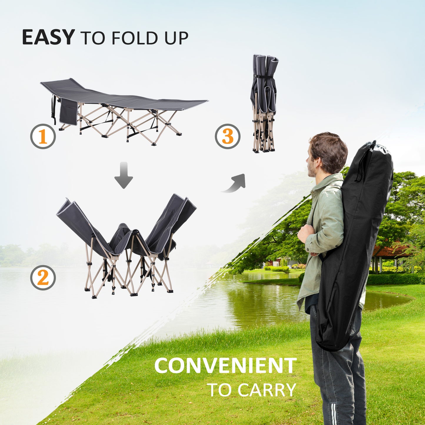 Single Steel Frame Portable Camping Cot, with Carry Bag