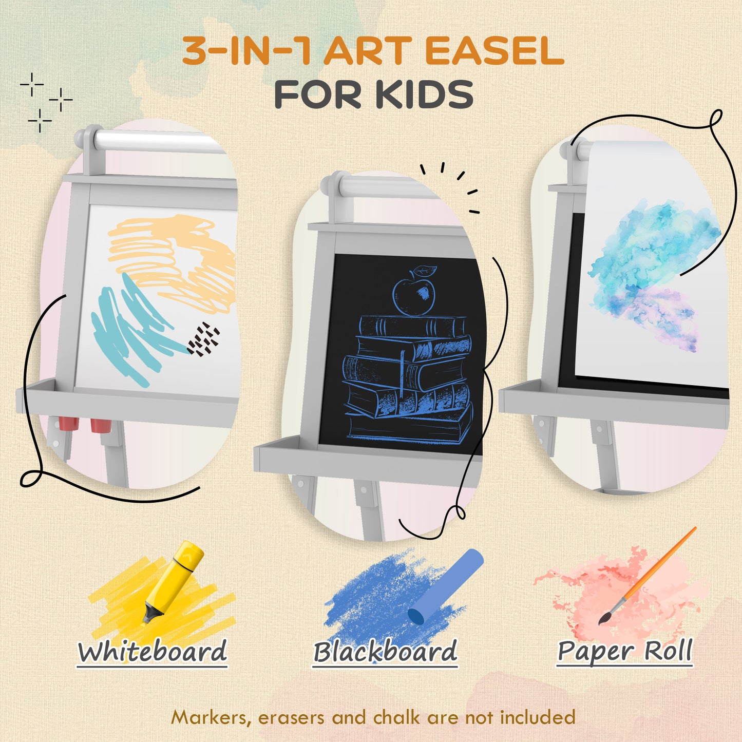 3 in 1 Kids Easel Double-Sided Magnetic Whiteboard and Chalkboard
