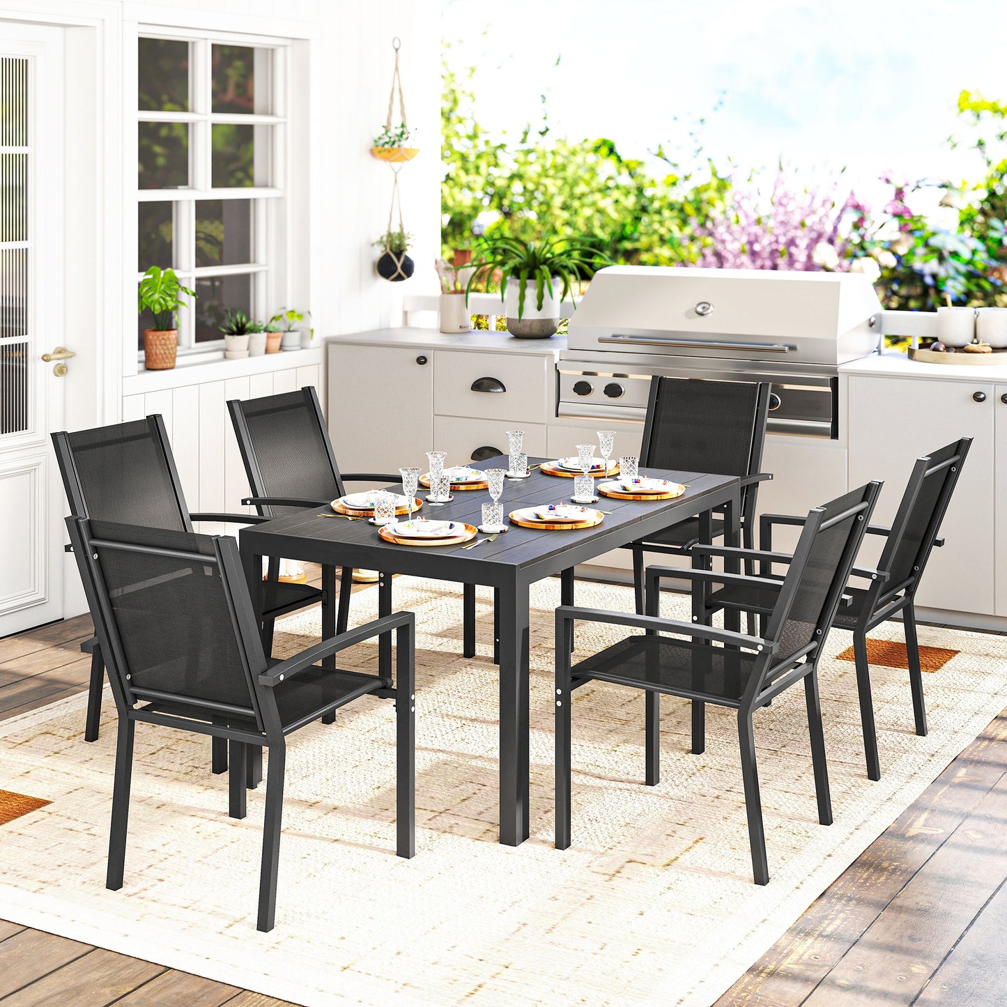 Seven-Piece Garden Dining Set, with Plastic Wood-Top Table