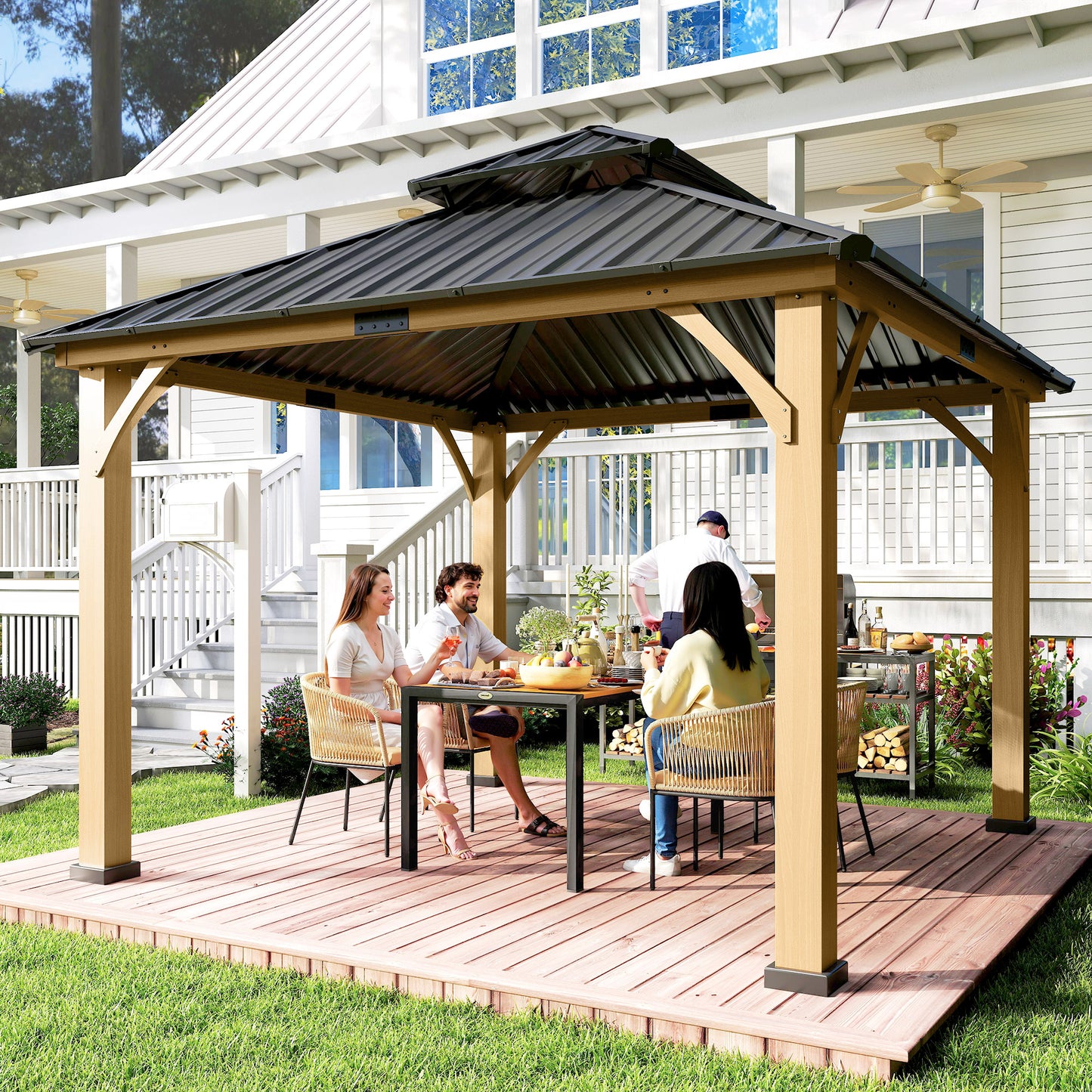 3.5 x 3.5m Outdoor Hardtop Gazebo Canopy with Two-tier Metal Roof