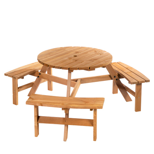 Wooden Garden Dining Set, 6 Seater Round Dining Picnic Table