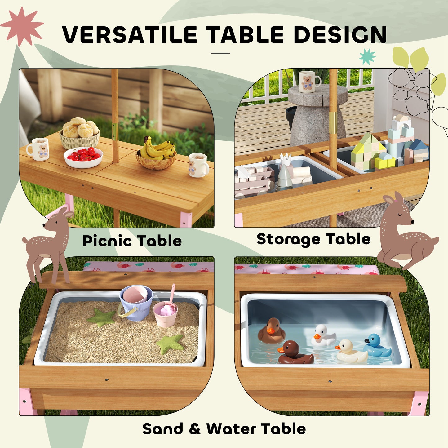 Kids Picnic Table Set with Removable & Foldable Umbrella, Cushions