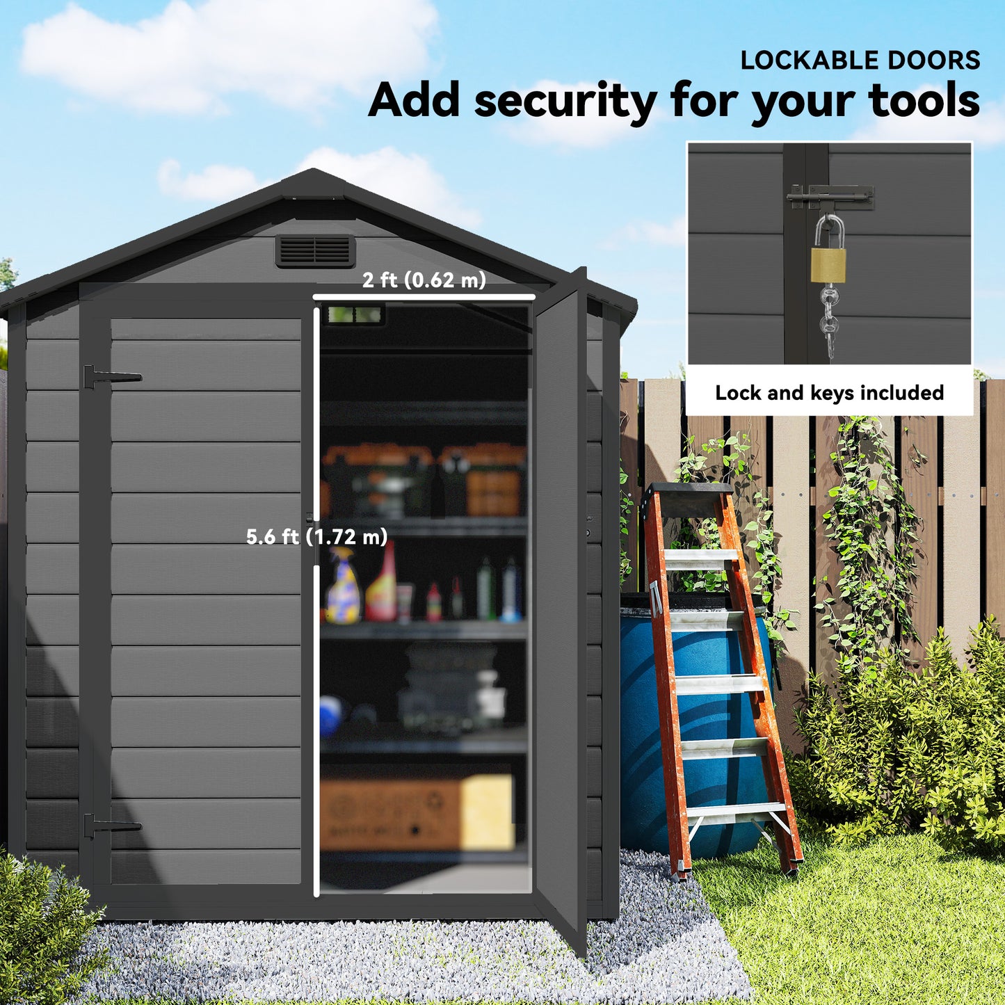 6'x4.5' Garden Storage Shed, Lockable Garden Shed with Double Doors