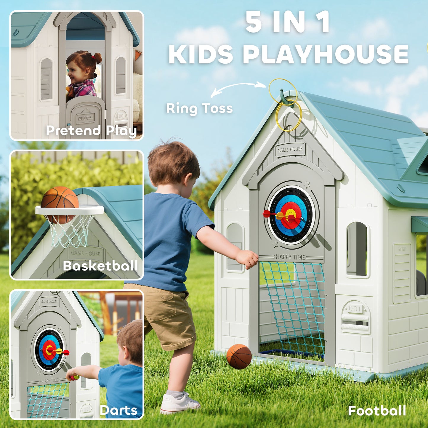 5-in-1 Playhouse for Kids Outdoor Indoor with Basketball Hoop