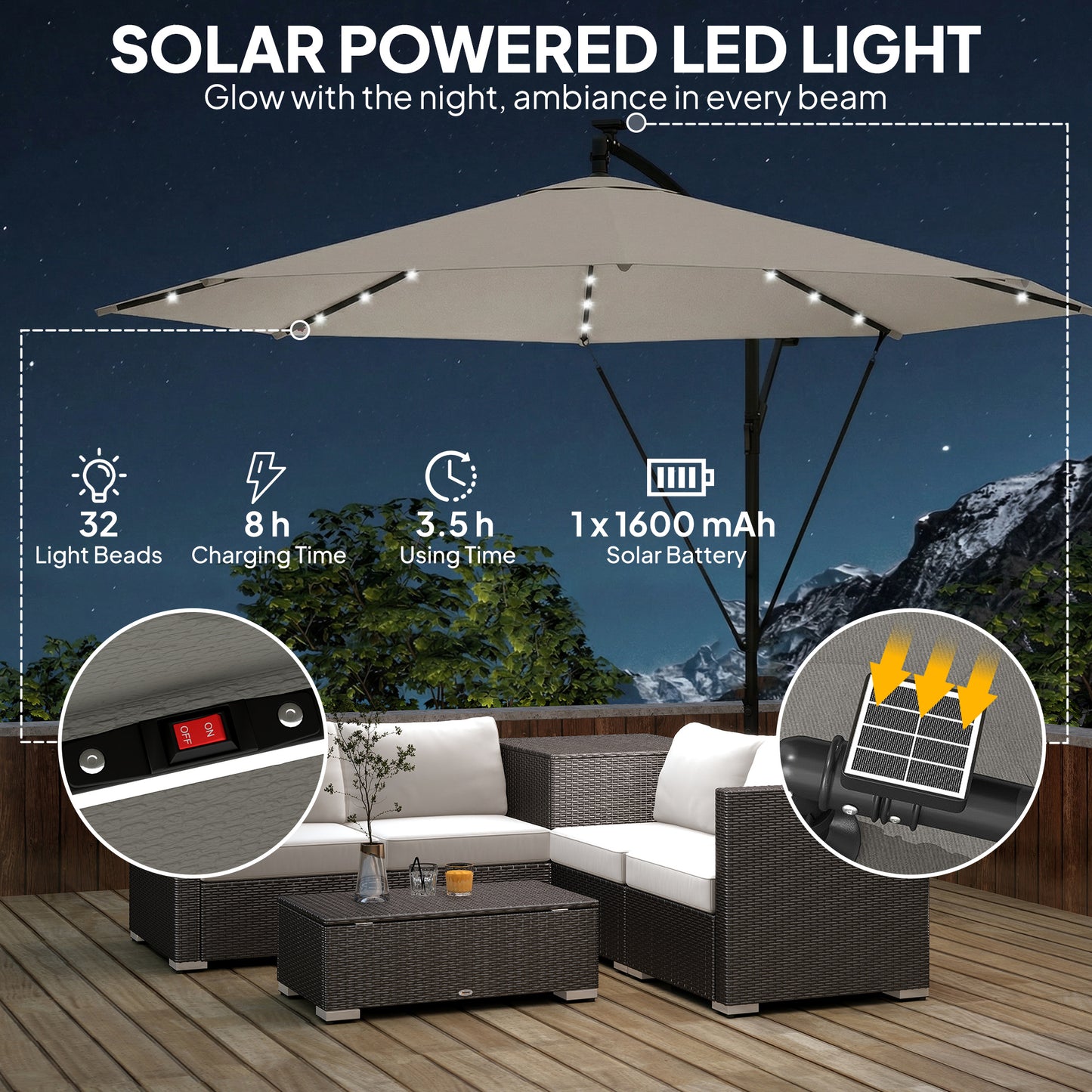 3 m Cantilever Parasol with Solar LED Lights Garden Umbrella