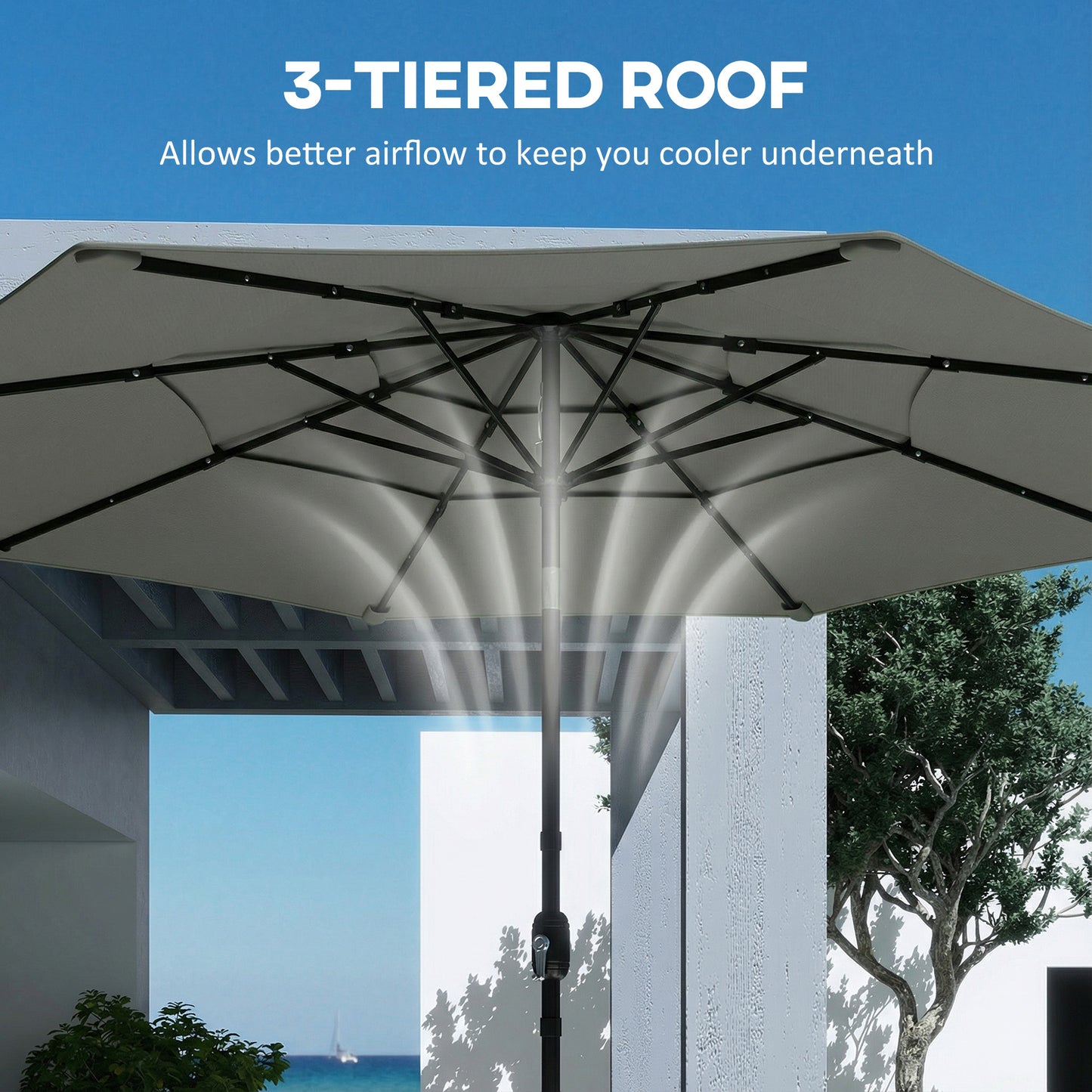 Garden Parasol, Parasol Umbrella with 3-tier Roof, Crank Handle