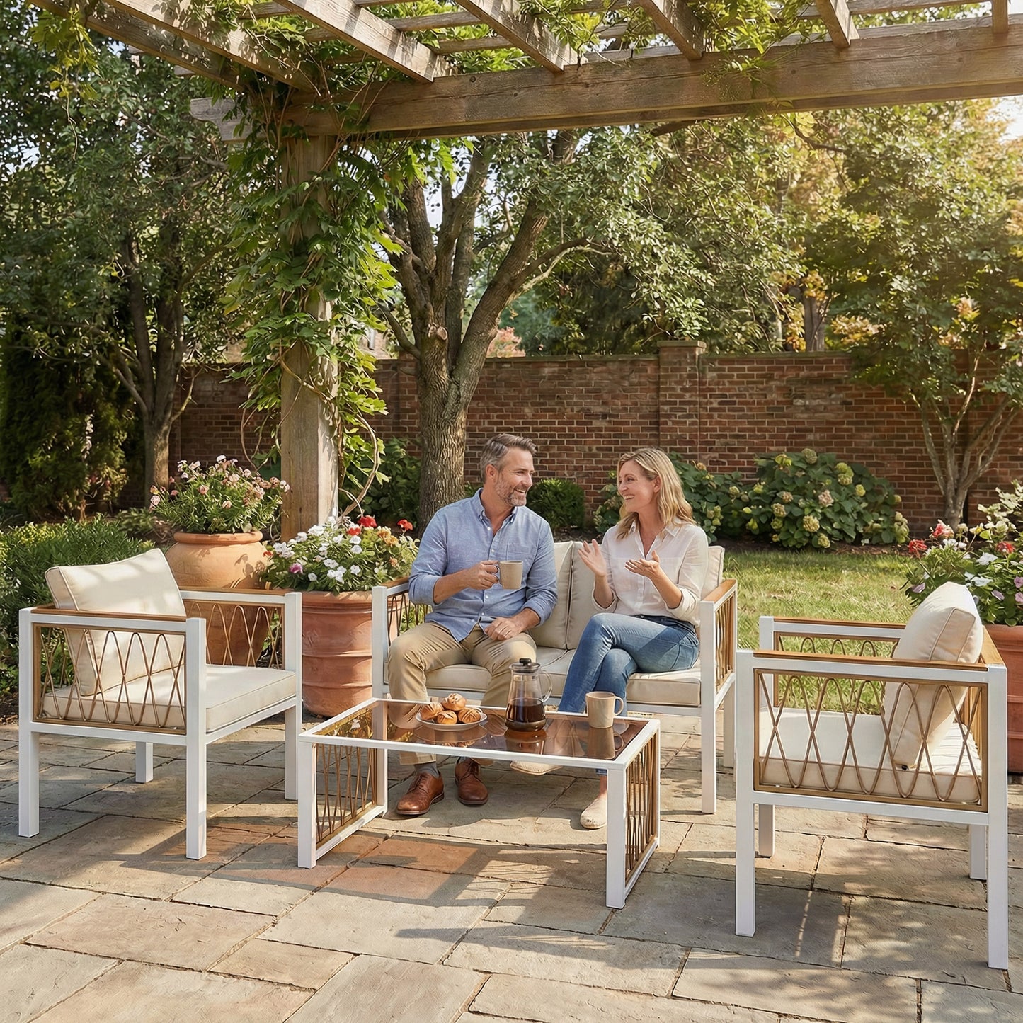 4 Piece Rattan Garden Furniture Set with Loveseat, 2 Armchairs (1)