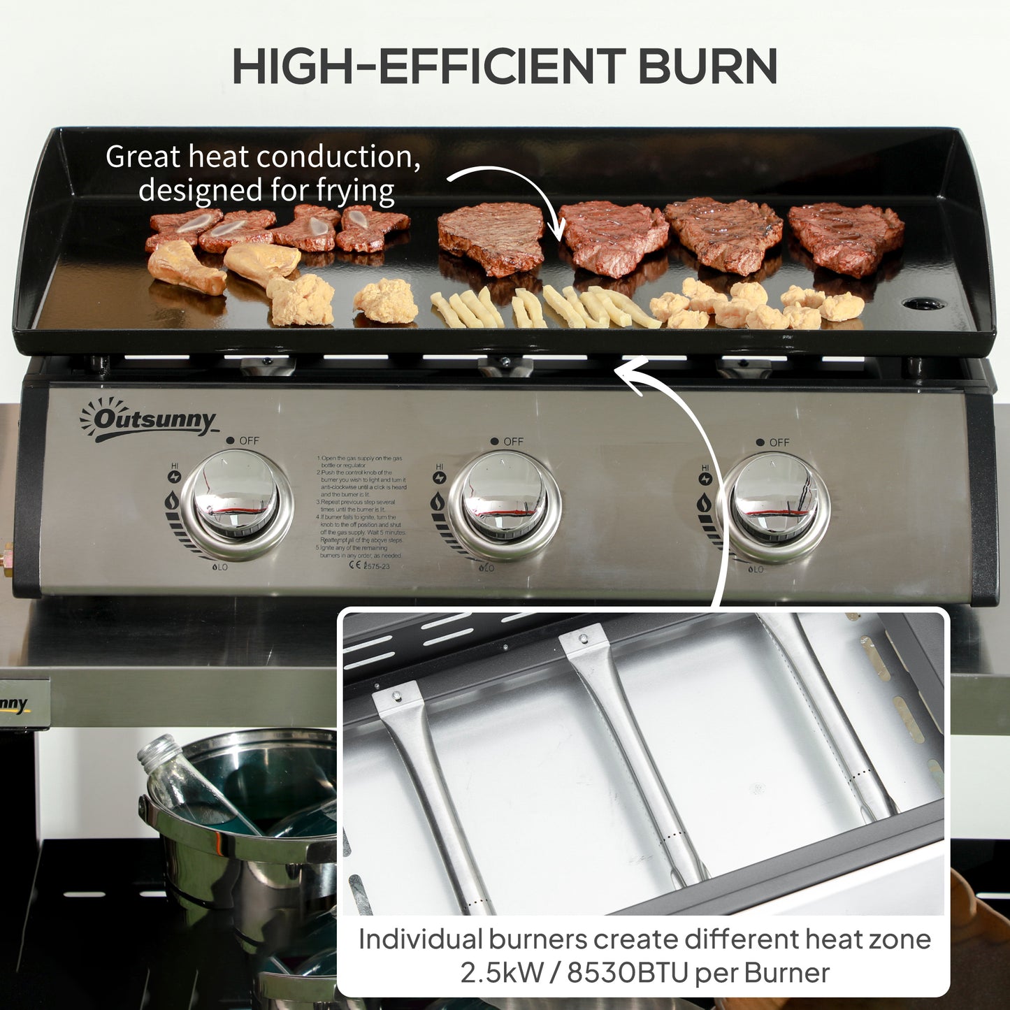 3 Burner Gas Plancha BBQ Grill with Lid
