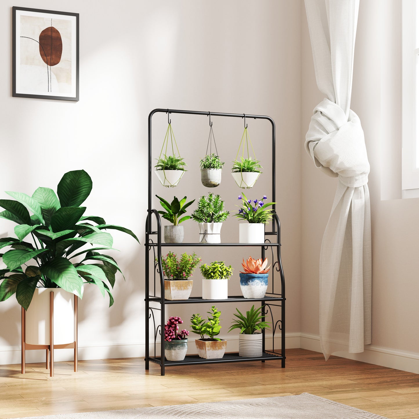 3 Tier Plant Stand with Hanging Rod and Hooks
