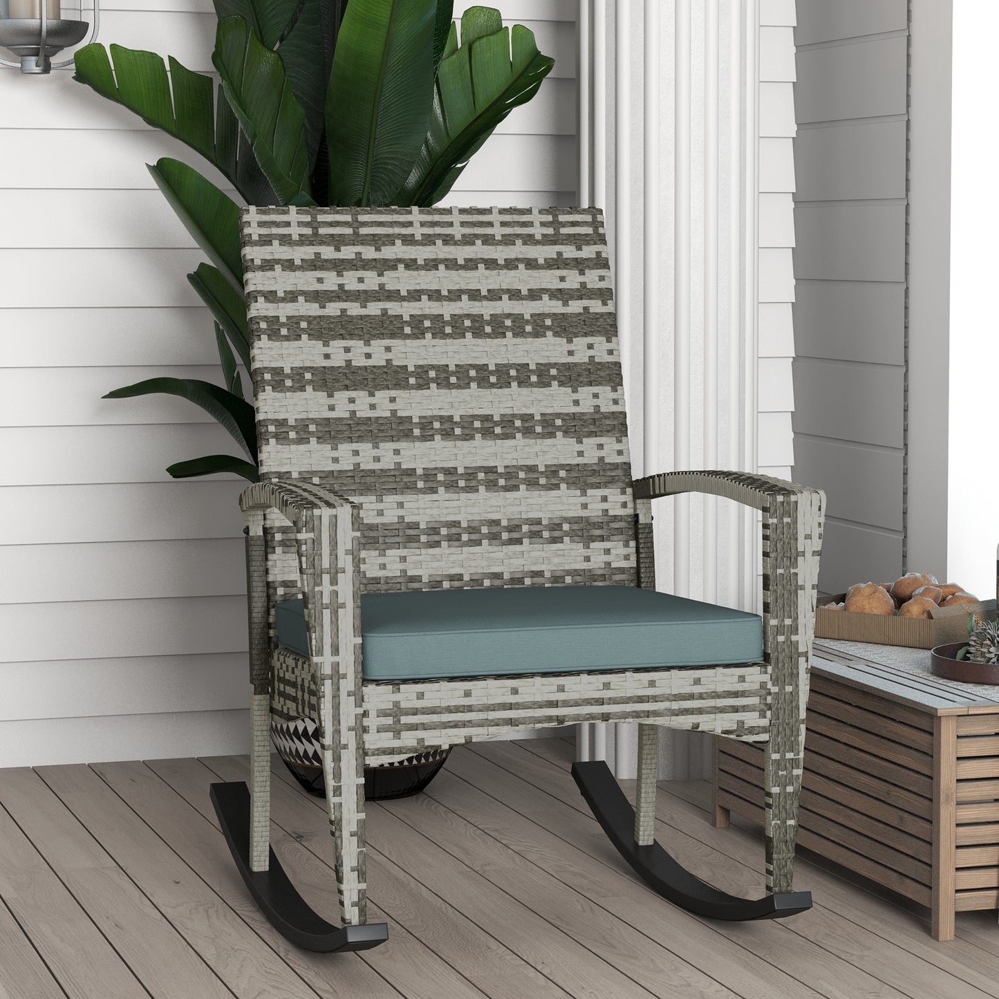 PE Rattan Garden Rocking Chair, Outdoor Rocking with Cushion