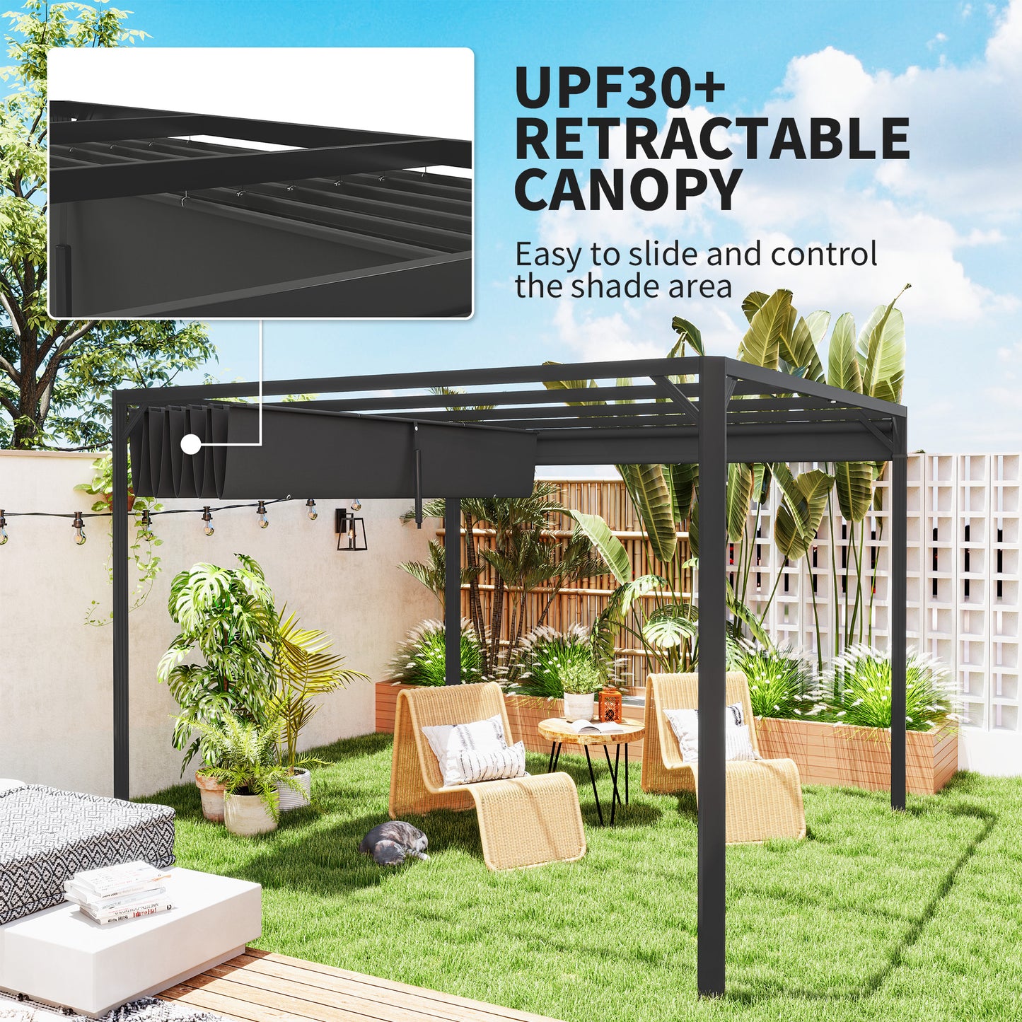 3 x 3m Aluminium Pergola, with Retractable Roof and Wall