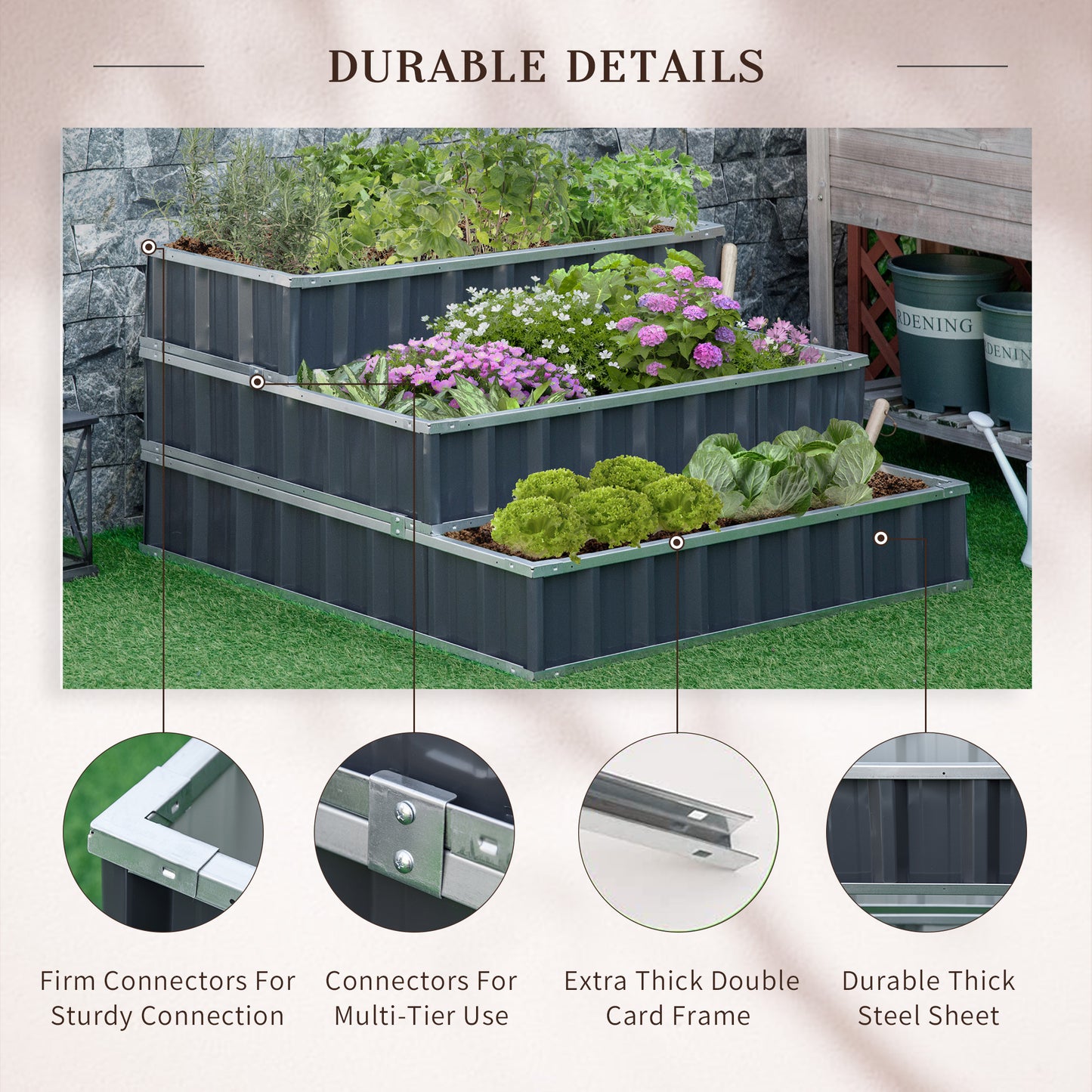3 Tier Raised Garden Bed, Metal Elevated Planer Box Kit Flower Pot