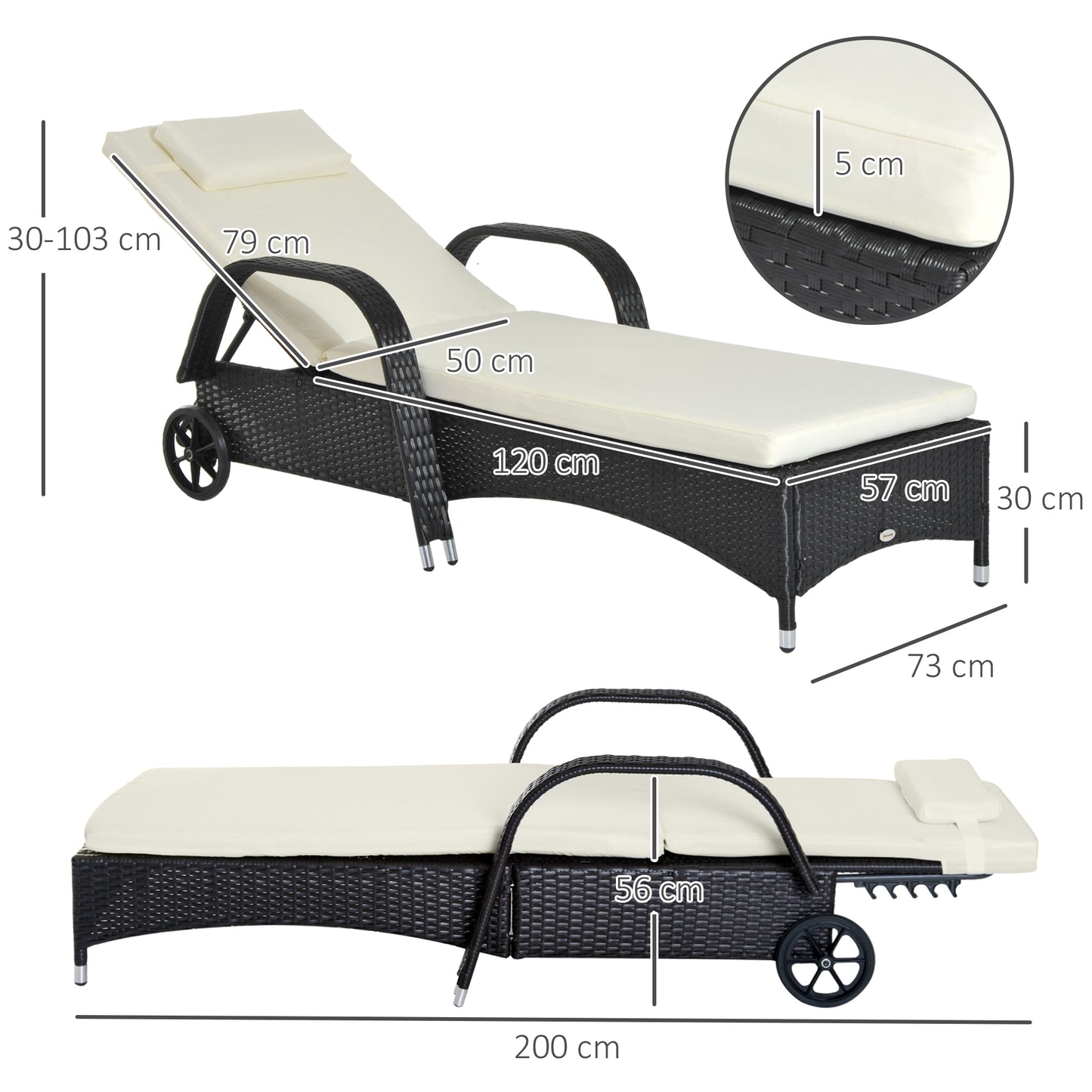 Rattan Sun Lounger, Garden Lounger Recliner with Wheels