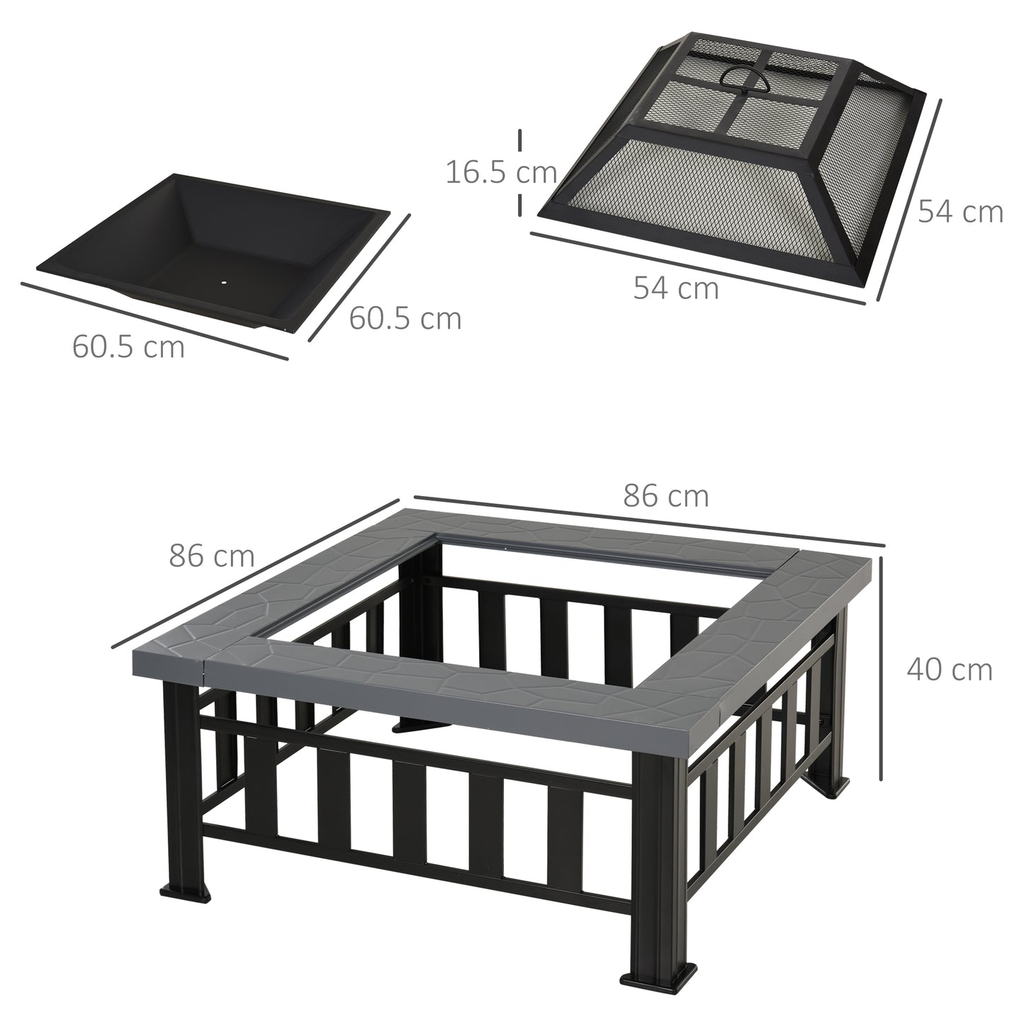 Metal Large Firepit Outdoor Square Fire Pit Brazier with Rain Cover