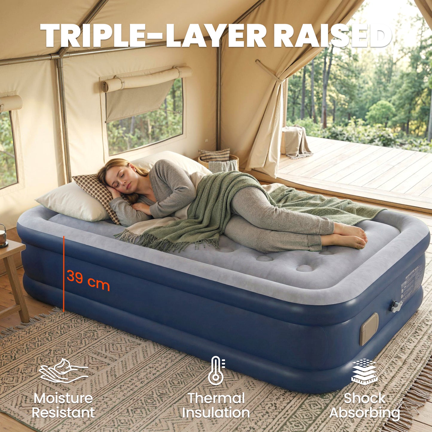 Inflatable Mattress, Single Air Bed with Built-in Electric Pump