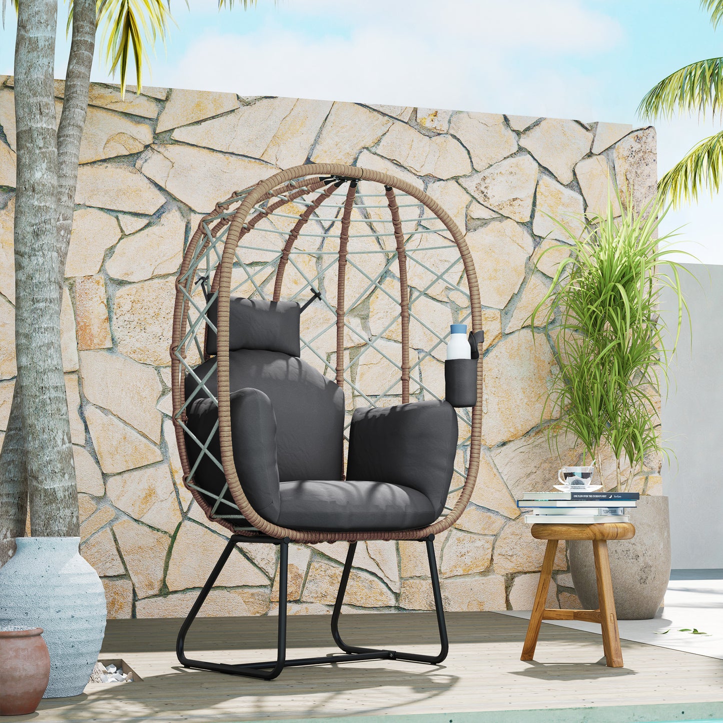 Rattan Egg Chair Outdoor Indoor Wicker Chair with Thickened Cushion