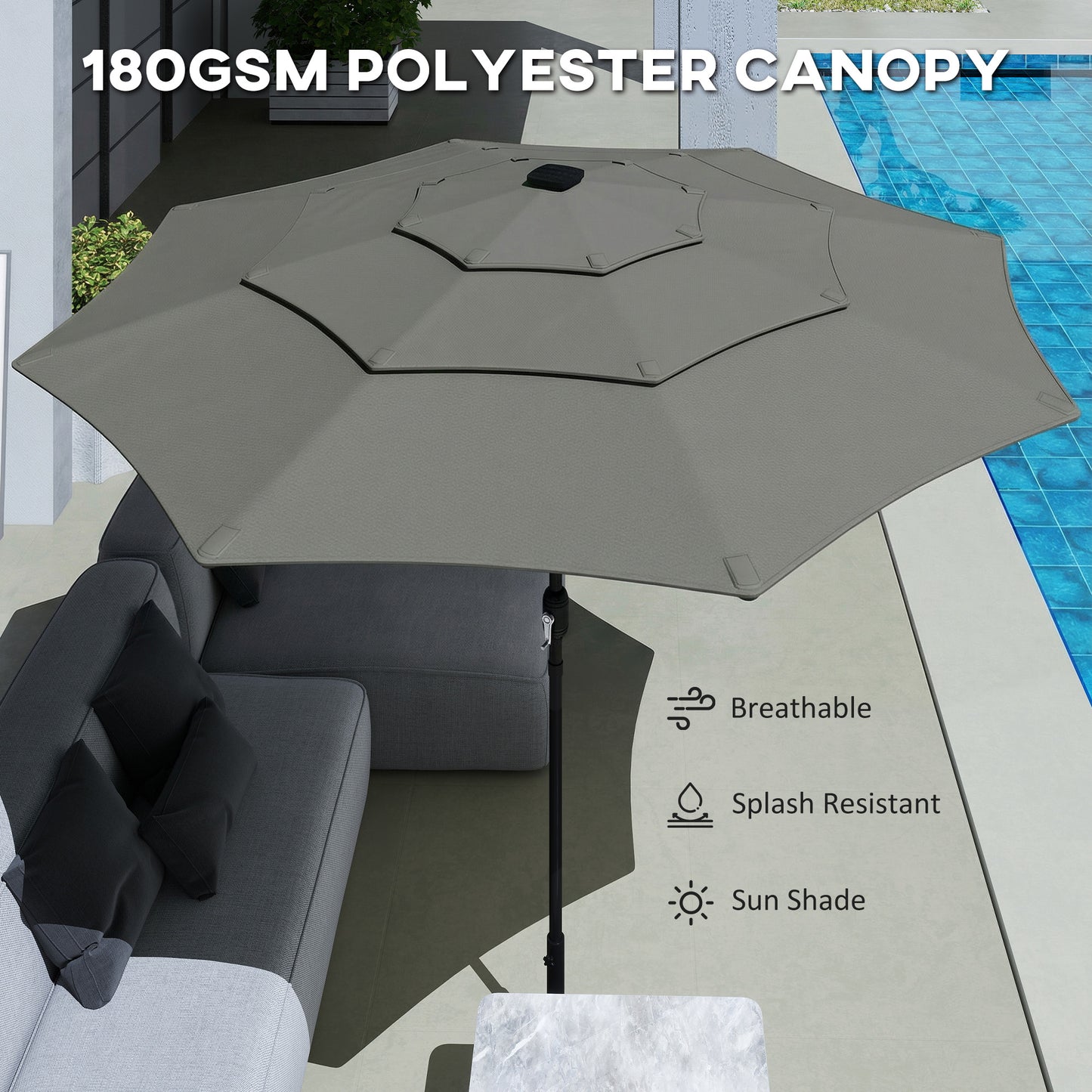 Garden Parasol, Parasol Umbrella with 3-tier Roof, Crank Handle